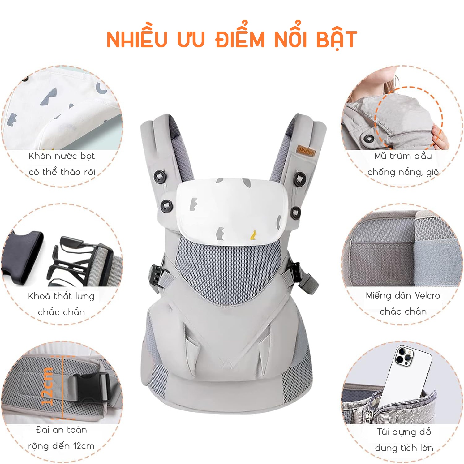 Địu em bé trợ lực 3 tư thế KidsWorld KWKNM 360 Cool Air Mesh có khăn nước miếng, mũ trùm đầu, đỡ cổ, túi đựng đồ vải mềm mại và thoáng khí cho bé từ 3-48 tháng