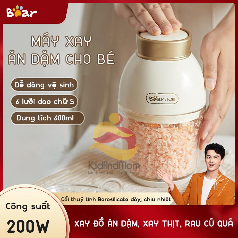 Máy xay ăn dặm 0.6L Bear QSJ D02Q1 cho bé, công suất 200W, đa năng 6 lưỡi dao và cối thủy tinh