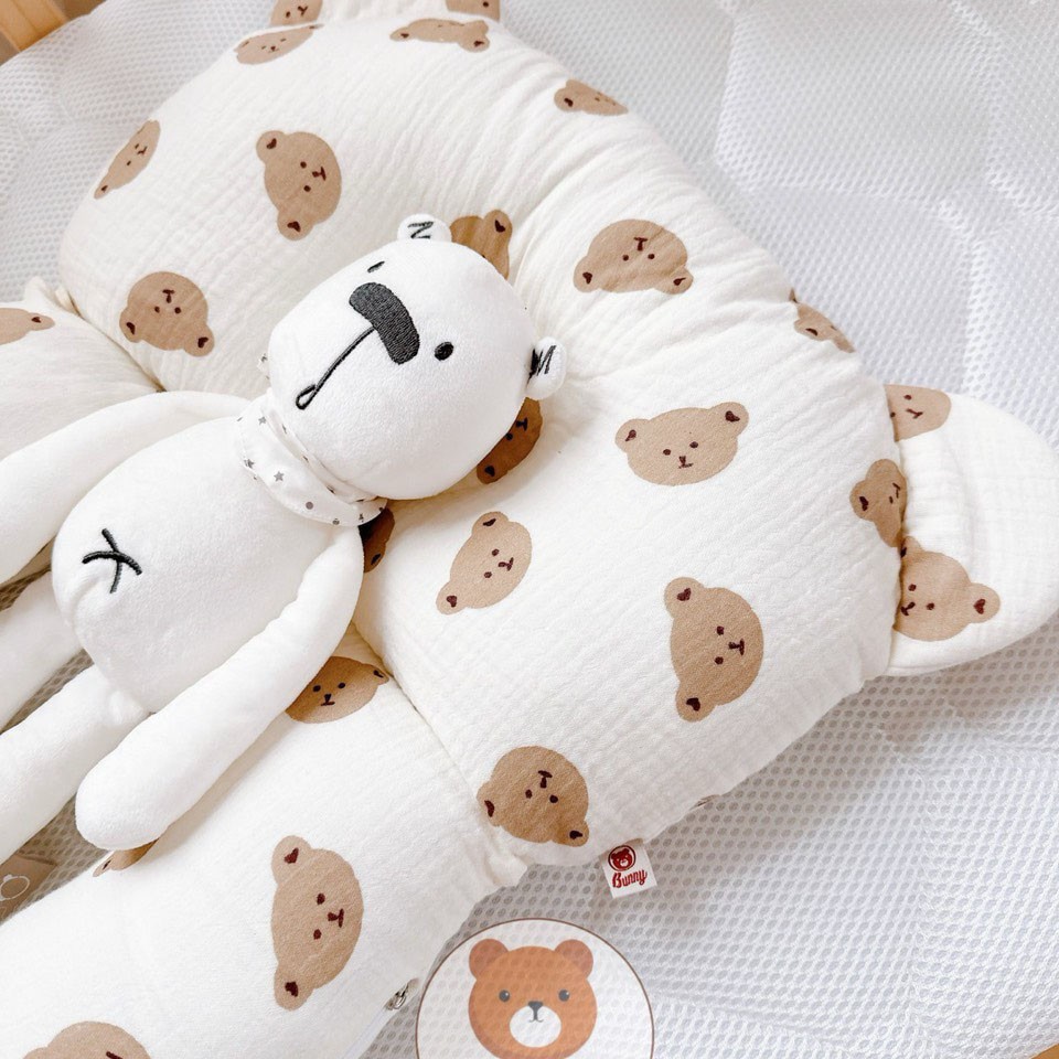 Gối chữ u cho bé vải xô Muslin Bunny đa năng làm gối đầu, gối chặn, gối ôm giúp bé ngủ ngon chống giật mình, chống bẹp đầu