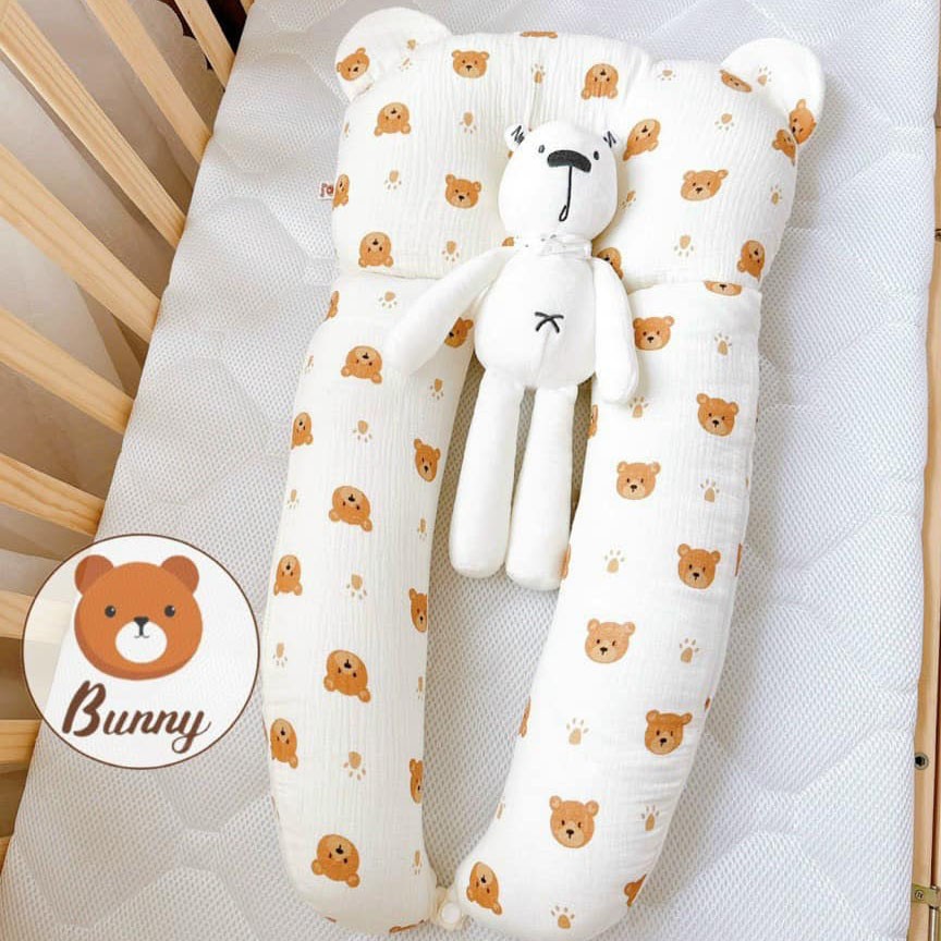 Gối chữ u cho bé vải xô Muslin Bunny đa năng làm gối đầu, gối chặn, gối ôm giúp bé ngủ ngon chống giật mình, chống bẹp đầu