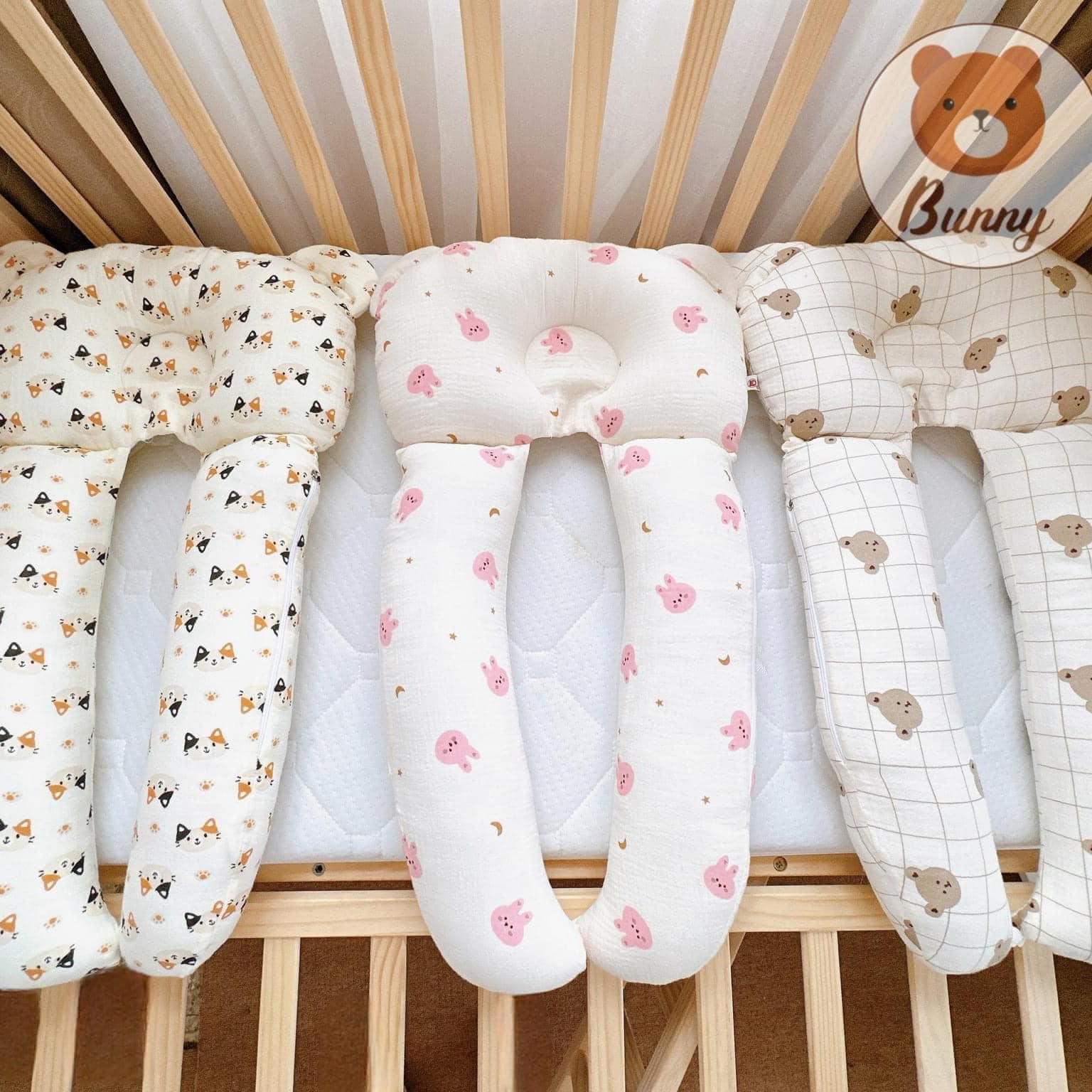 Gối chữ u cho bé vải xô Muslin Bunny đa năng làm gối đầu, gối chặn, gối ôm giúp bé ngủ ngon chống giật mình, chống bẹp đầu