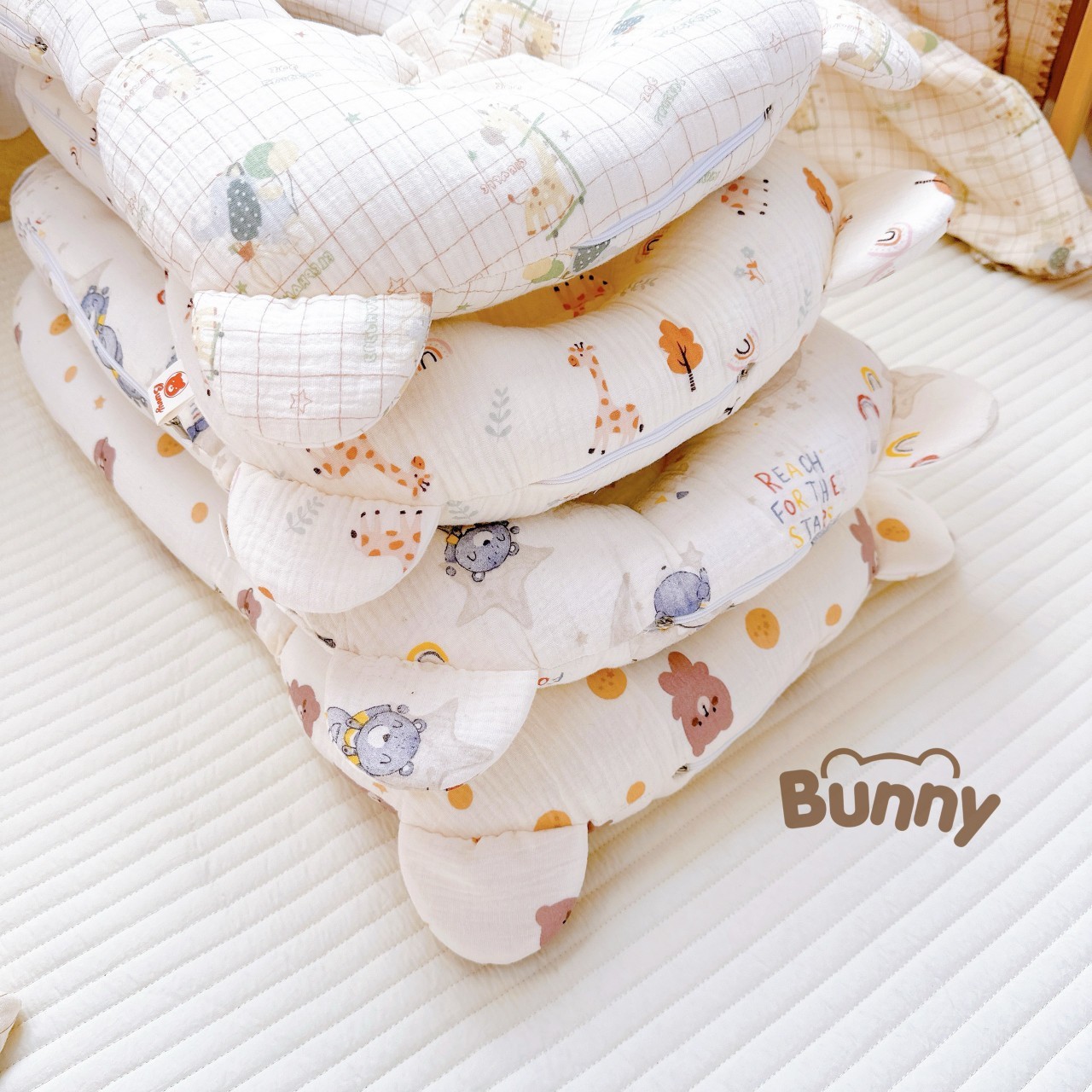 Gối chữ u cho bé vải xô Muslin Bunny đa năng làm gối đầu, gối chặn, gối ôm giúp bé ngủ ngon chống giật mình, chống bẹp đầu