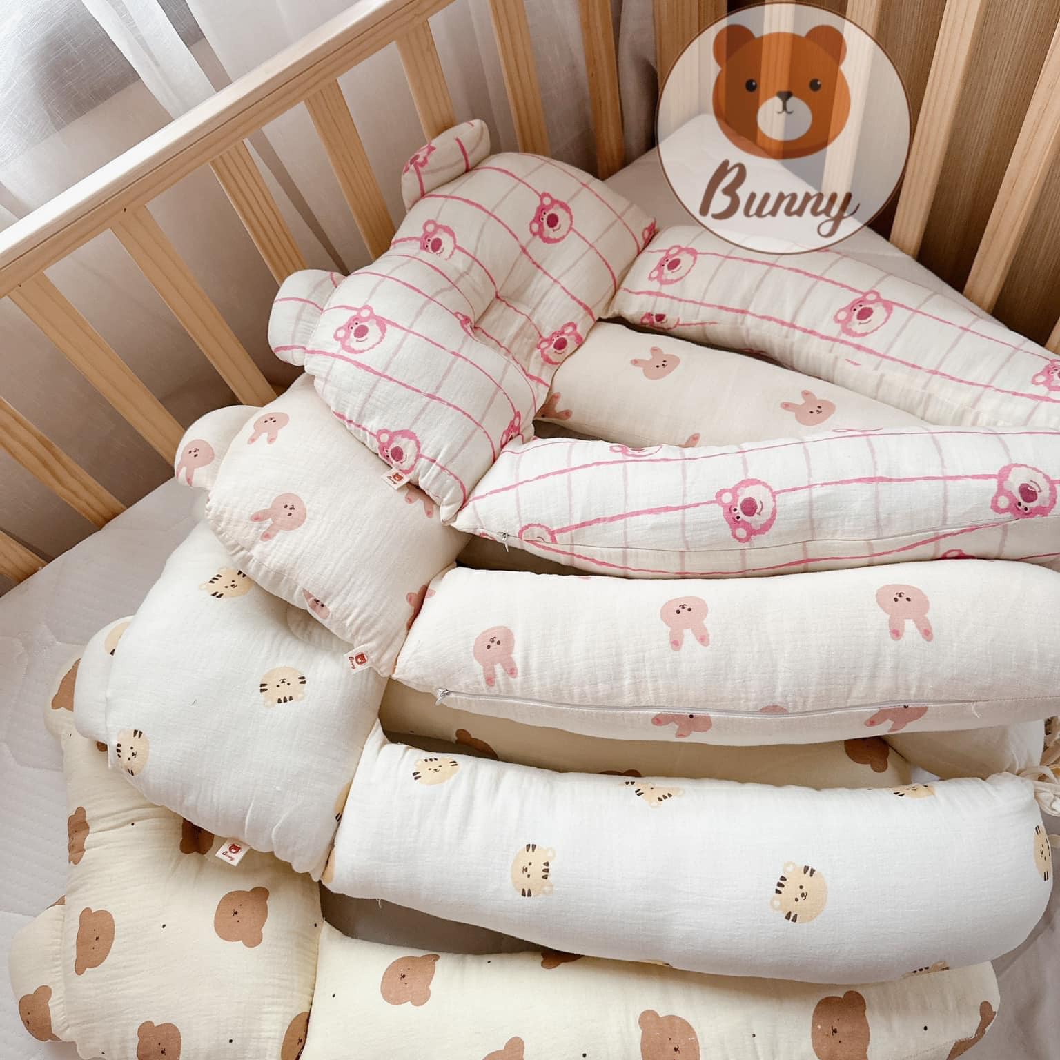 Gối chữ u cho bé vải xô Muslin Bunny đa năng làm gối đầu, gối chặn, gối ôm giúp bé ngủ ngon chống giật mình, chống bẹp đầu