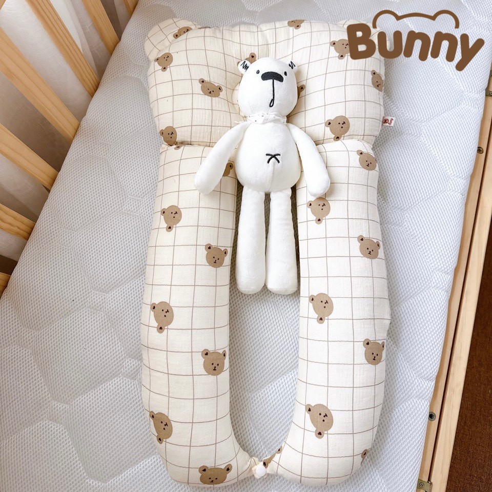 Gối chữ u cho bé vải xô Muslin Bunny đa năng làm gối đầu, gối chặn, gối ôm giúp bé ngủ ngon chống giật mình, chống bẹp đầu