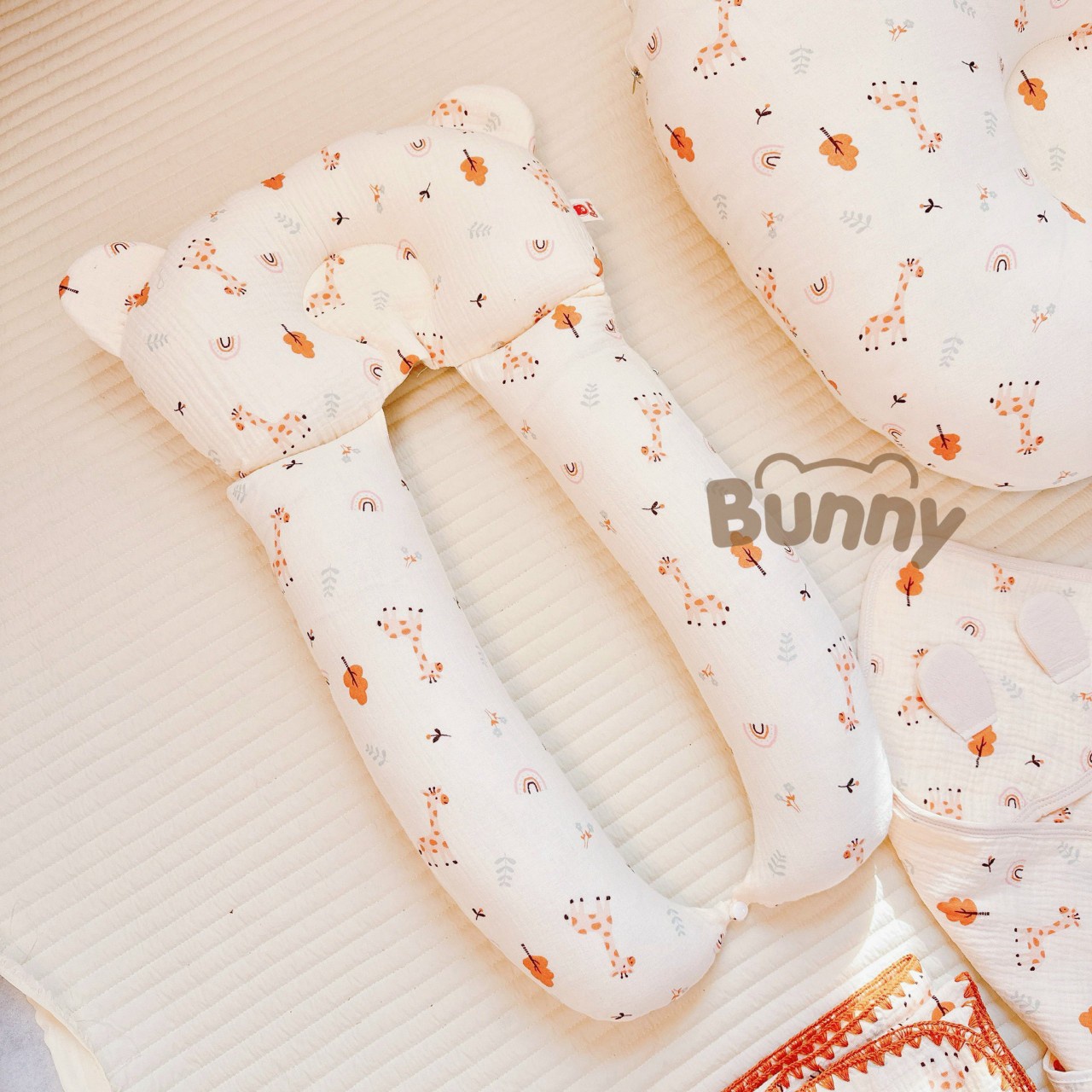 Gối chữ u cho bé vải xô Muslin Bunny đa năng làm gối đầu, gối chặn, gối ôm giúp bé ngủ ngon chống giật mình, chống bẹp đầu