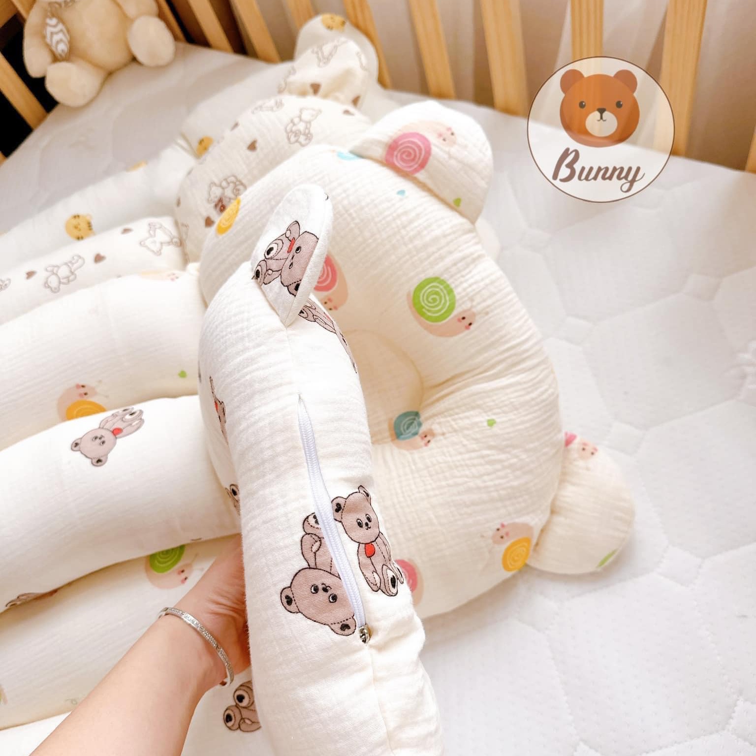 Gối chữ u cho bé vải xô Muslin Bunny đa năng làm gối đầu, gối chặn, gối ôm giúp bé ngủ ngon chống giật mình, chống bẹp đầu