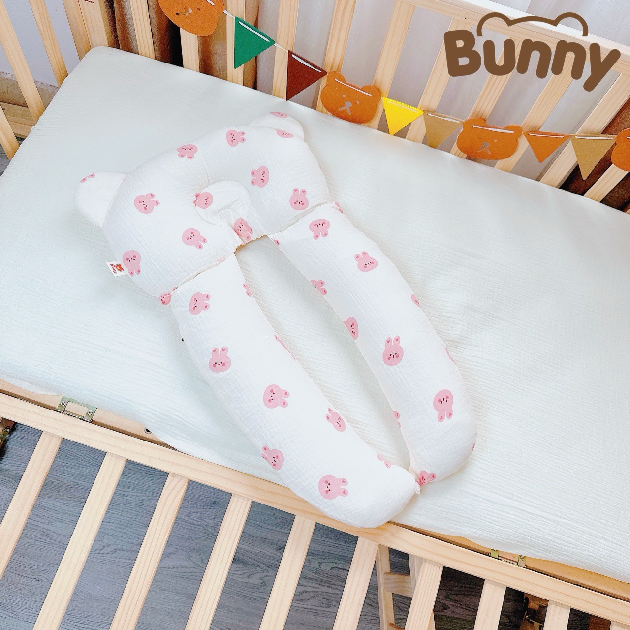 Gối chữ u cho bé vải xô Muslin Bunny đa năng làm gối đầu, gối chặn, gối ôm giúp bé ngủ ngon chống giật mình, chống bẹp đầu