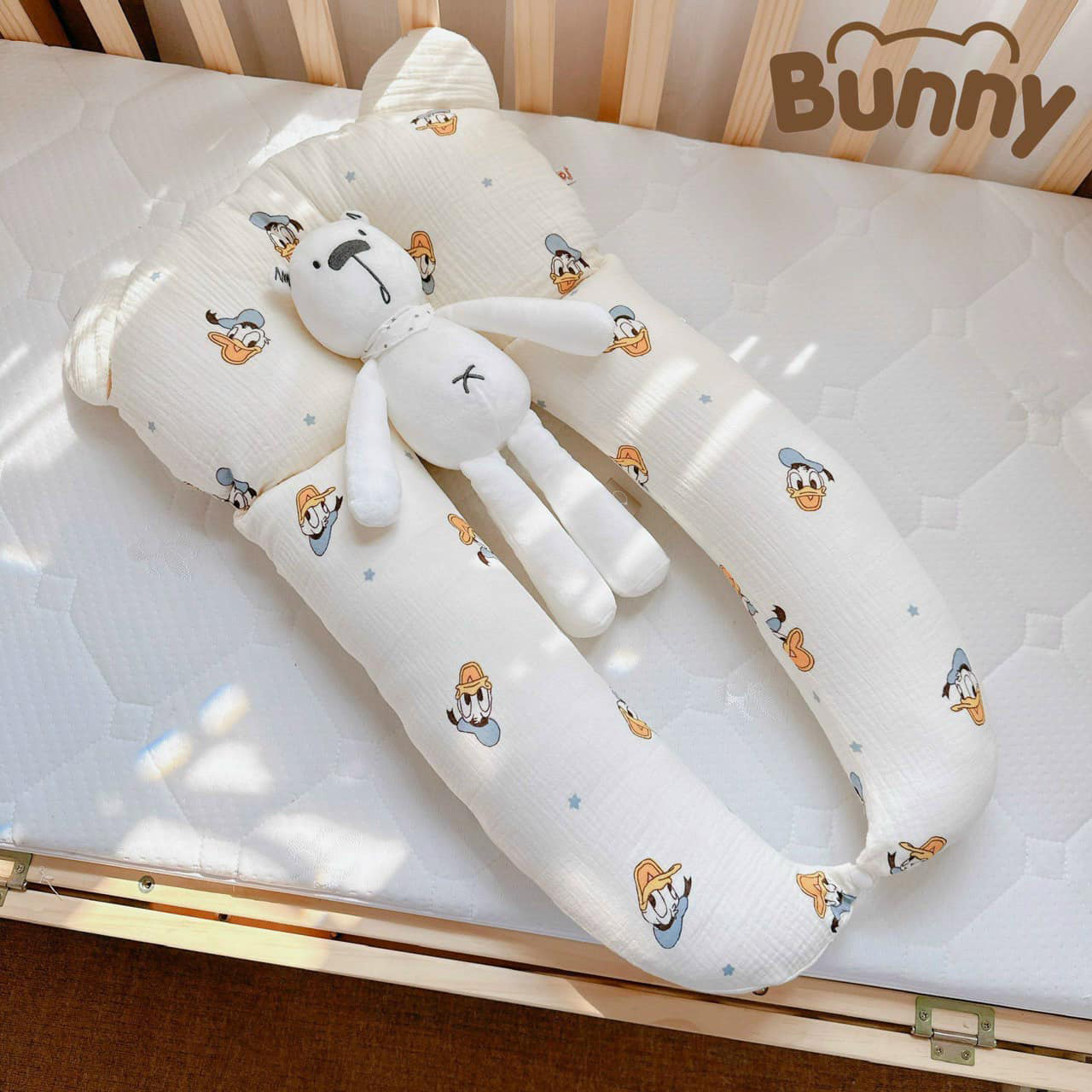 Gối chữ u cho bé vải xô Muslin Bunny đa năng làm gối đầu, gối chặn, gối ôm giúp bé ngủ ngon chống giật mình, chống bẹp đầu