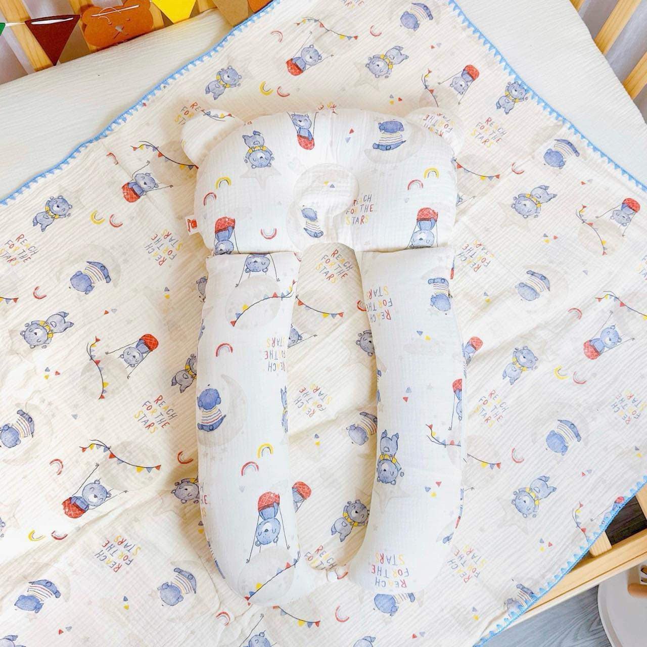 Gối chữ u cho bé vải xô Muslin Bunny đa năng làm gối đầu, gối chặn, gối ôm giúp bé ngủ ngon chống giật mình, chống bẹp đầu