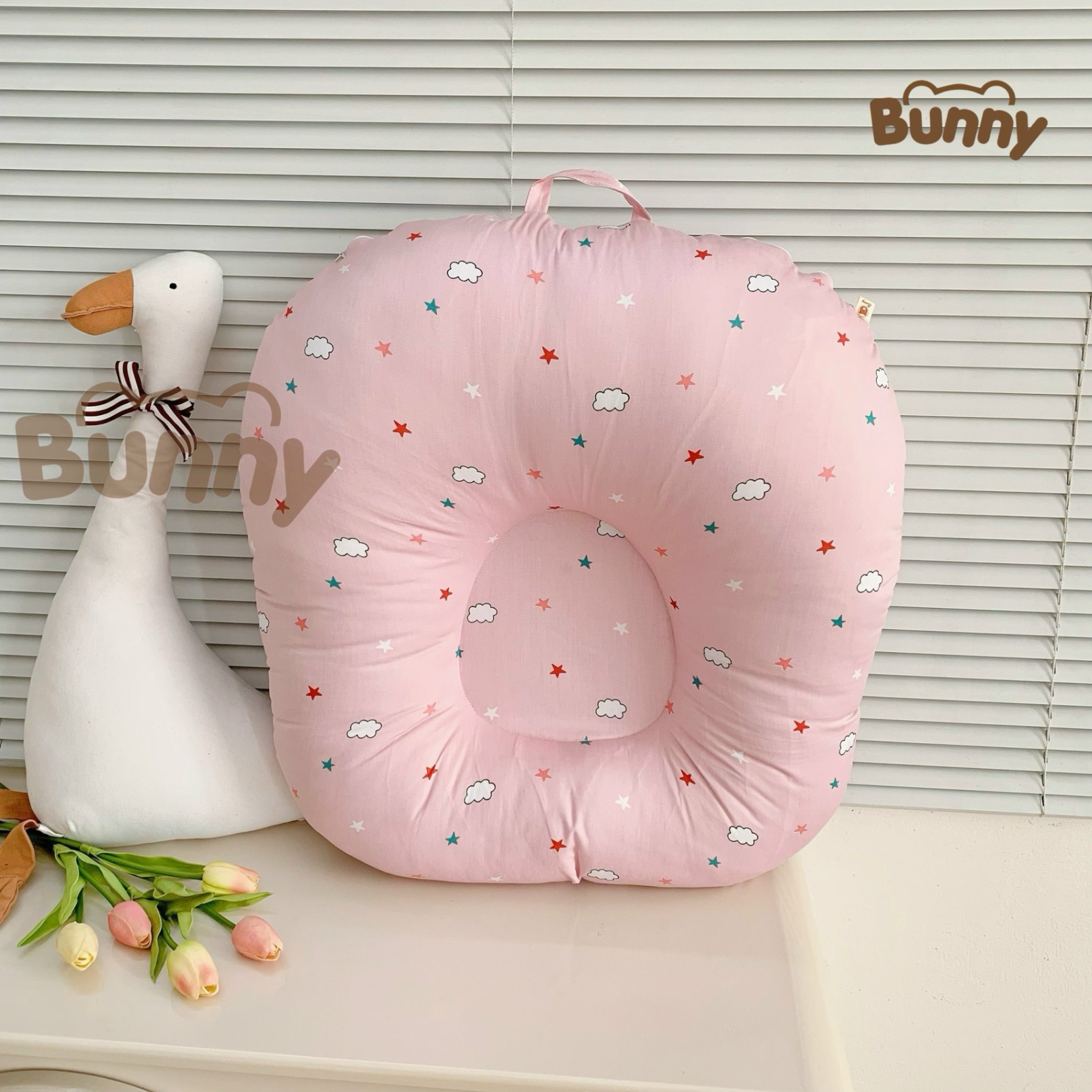 Gối chống trào ngược cho bé Bunny cao cấp vải Cotton Hàn chống nôn trớ an toàn cho bé kích thước 70x70x20cm