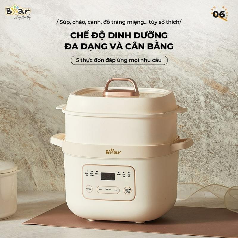 Nồi nấu cháo chậm Bear SB-NNC16 dung tích 1,6L phiên bản Tiếng việt mẫu mới cho bé ăn dặm 6 chế độ ninh hầm cách thủy chưng yến