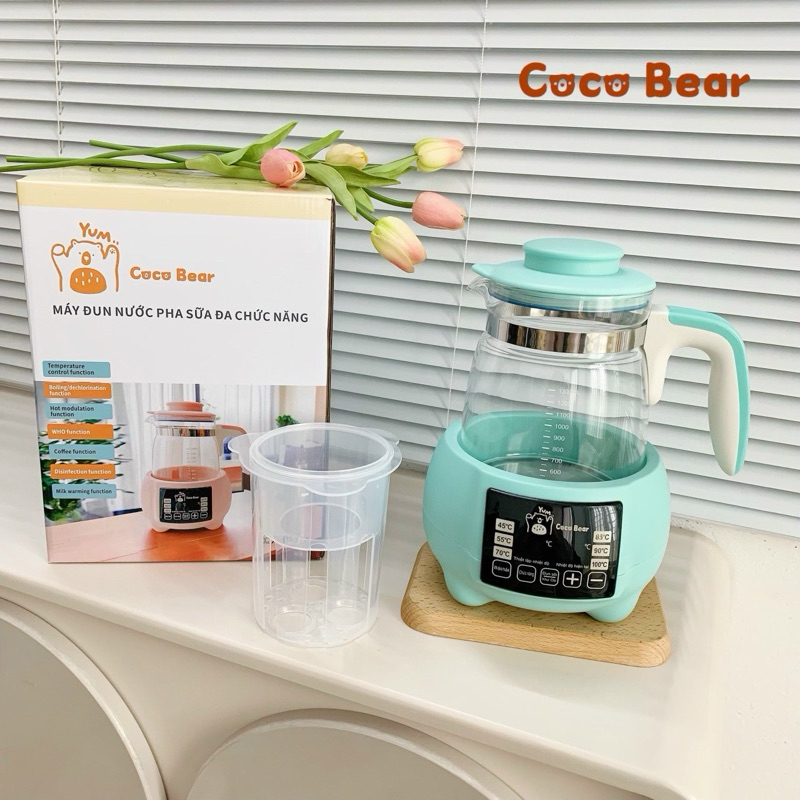 Máy đun nước pha sữa, ấm đun nước pha sữa, bình đun nước Coco Bear hâm sữa cho bé khử clo, giữ nhiệt 24 giờ tặng khay hâm sữa