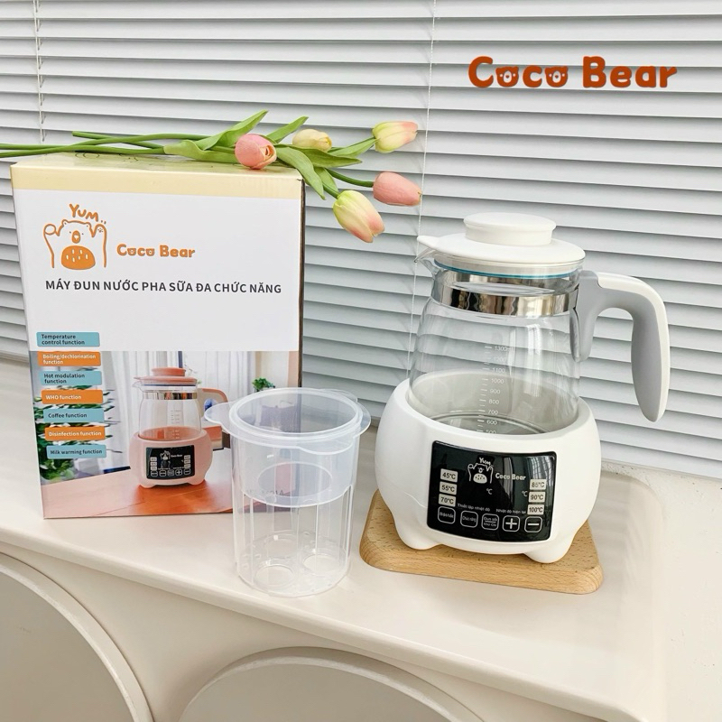 Máy đun nước pha sữa, ấm đun nước pha sữa, bình đun nước Coco Bear hâm sữa cho bé khử clo, giữ nhiệt 24 giờ tặng khay hâm sữa