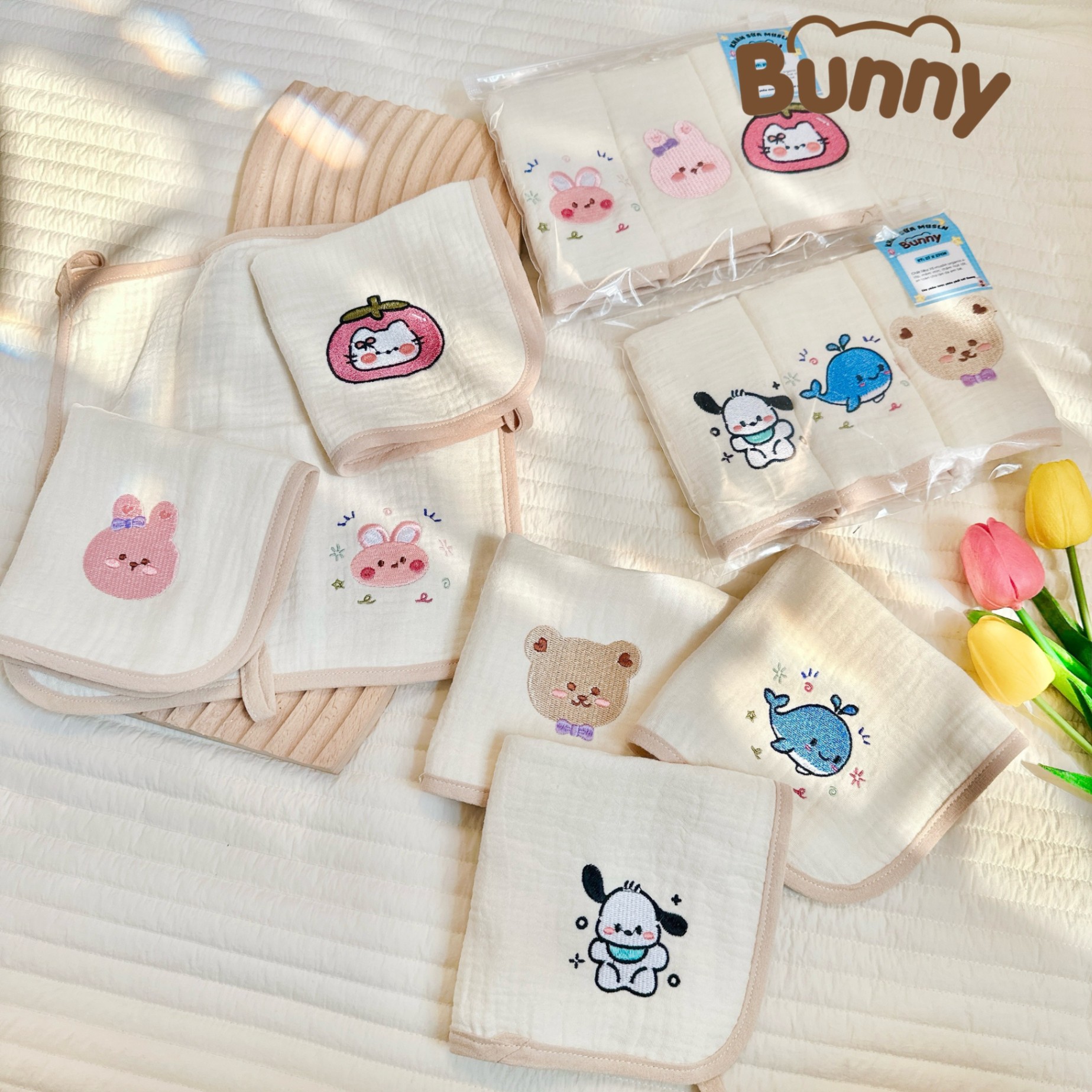 Set 3 khăn mặt cho bé Bunny vải xô Muslin Organic 4 lớp thêu hình siêu xinh cho bé trai bé gái phong cách Hàn siêu thấm, mềm mại kích thước 27x27cm