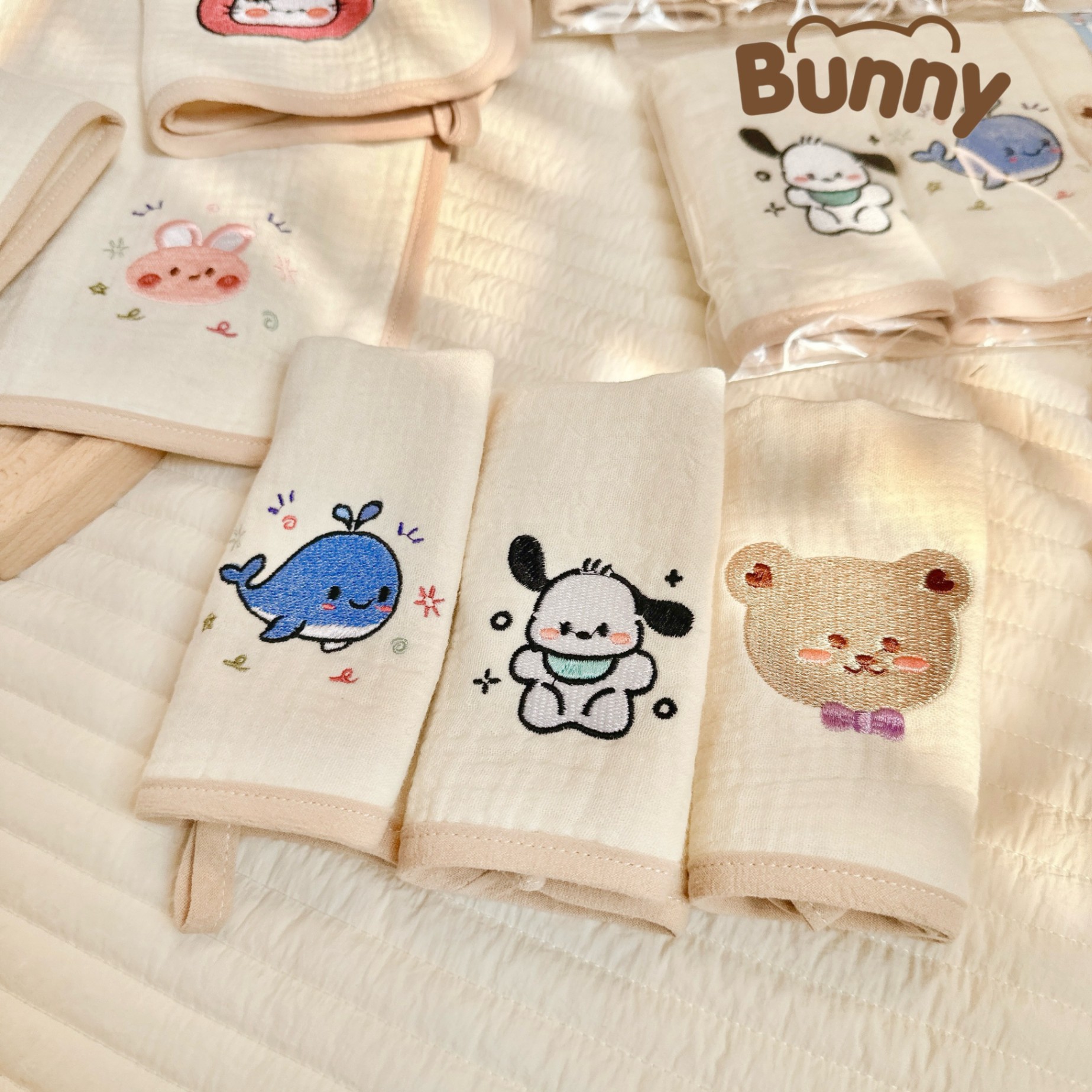 Set 3 khăn mặt cho bé Bunny vải xô Muslin Organic 4 lớp thêu hình siêu xinh cho bé trai bé gái phong cách Hàn siêu thấm, mềm mại kích thước 27x27cm