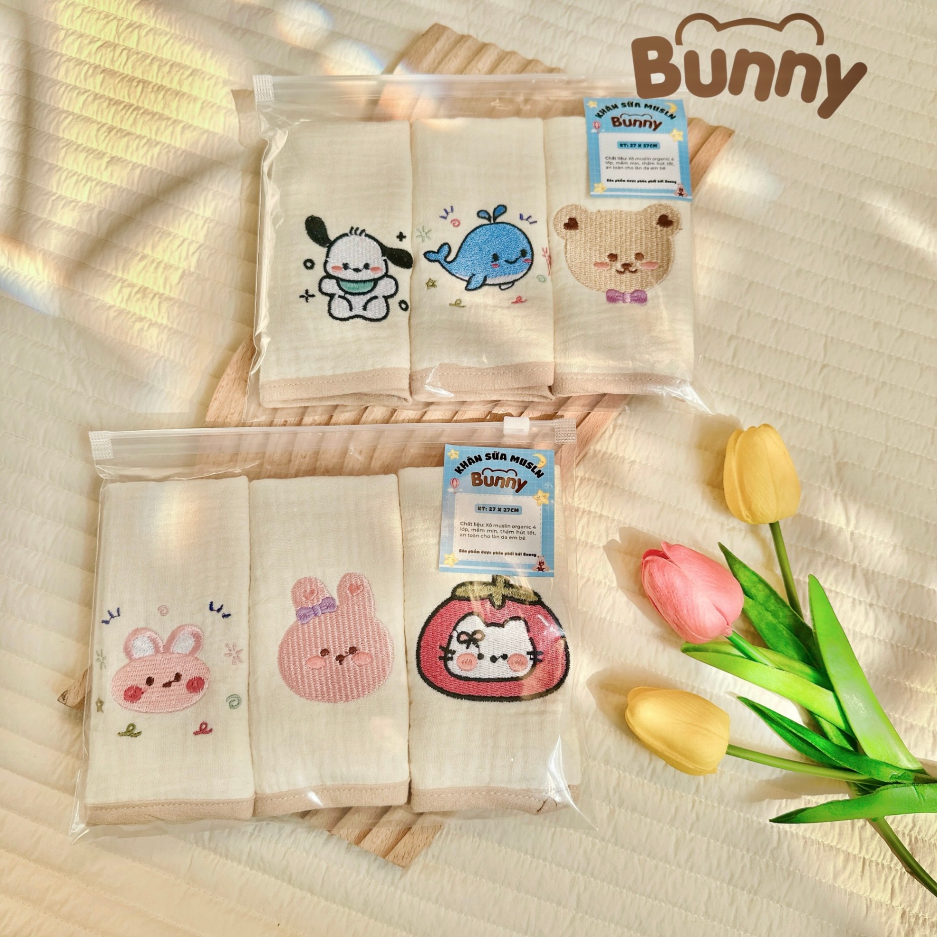 Set 3 khăn mặt cho bé Bunny vải xô Muslin Organic 4 lớp thêu hình siêu xinh cho bé trai bé gái phong cách Hàn siêu thấm, mềm mại kích thước 27x27cm