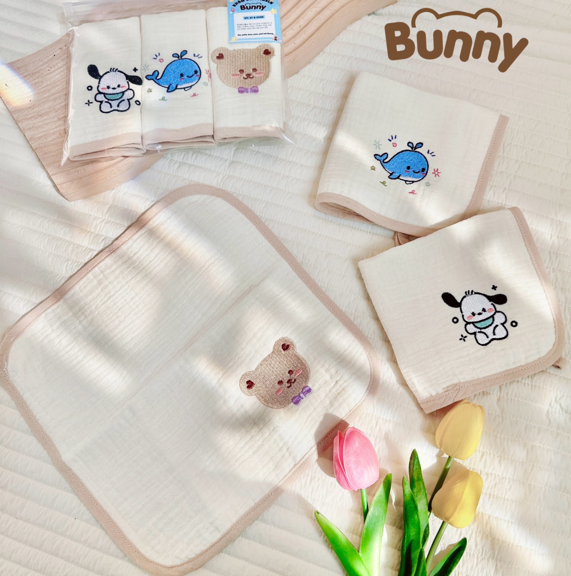 Set 3 khăn mặt cho bé Bunny vải xô Muslin Organic 4 lớp thêu hình siêu xinh cho bé trai bé gái phong cách Hàn siêu thấm, mềm mại kích thước 27x27cm