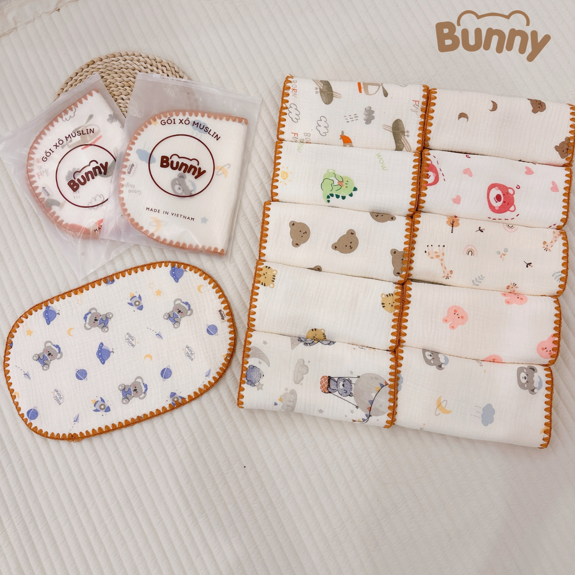 Gối xô lót đầu cho bé sơ sinh Bunny vải Muslin sợi tre 10 lớp mềm mại thấm hút mồ hôi kích thước 25x40cm