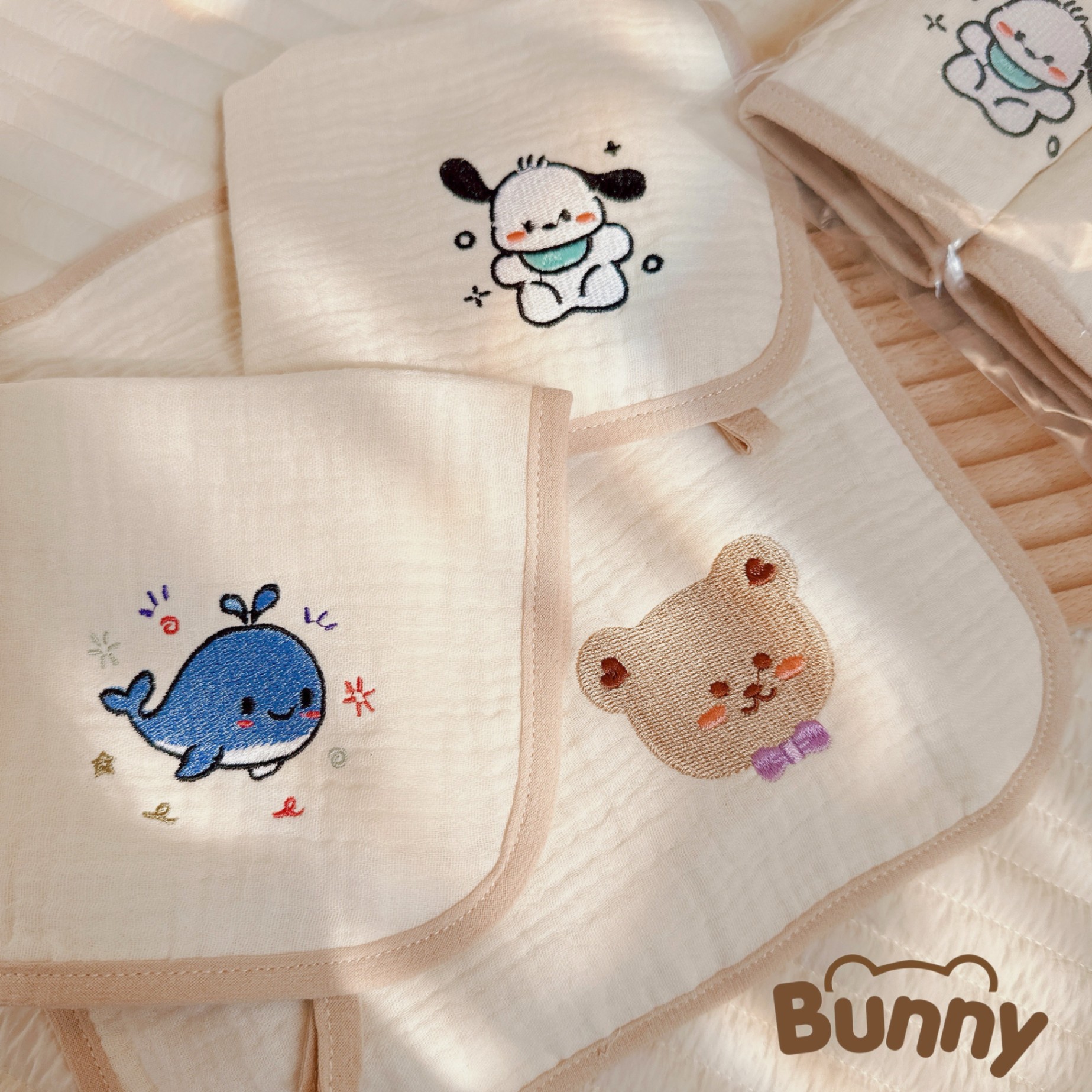 Set 3 khăn mặt cho bé Bunny vải xô Muslin Organic 4 lớp thêu hình siêu xinh cho bé trai bé gái phong cách Hàn siêu thấm, mềm mại kích thước 27x27cm