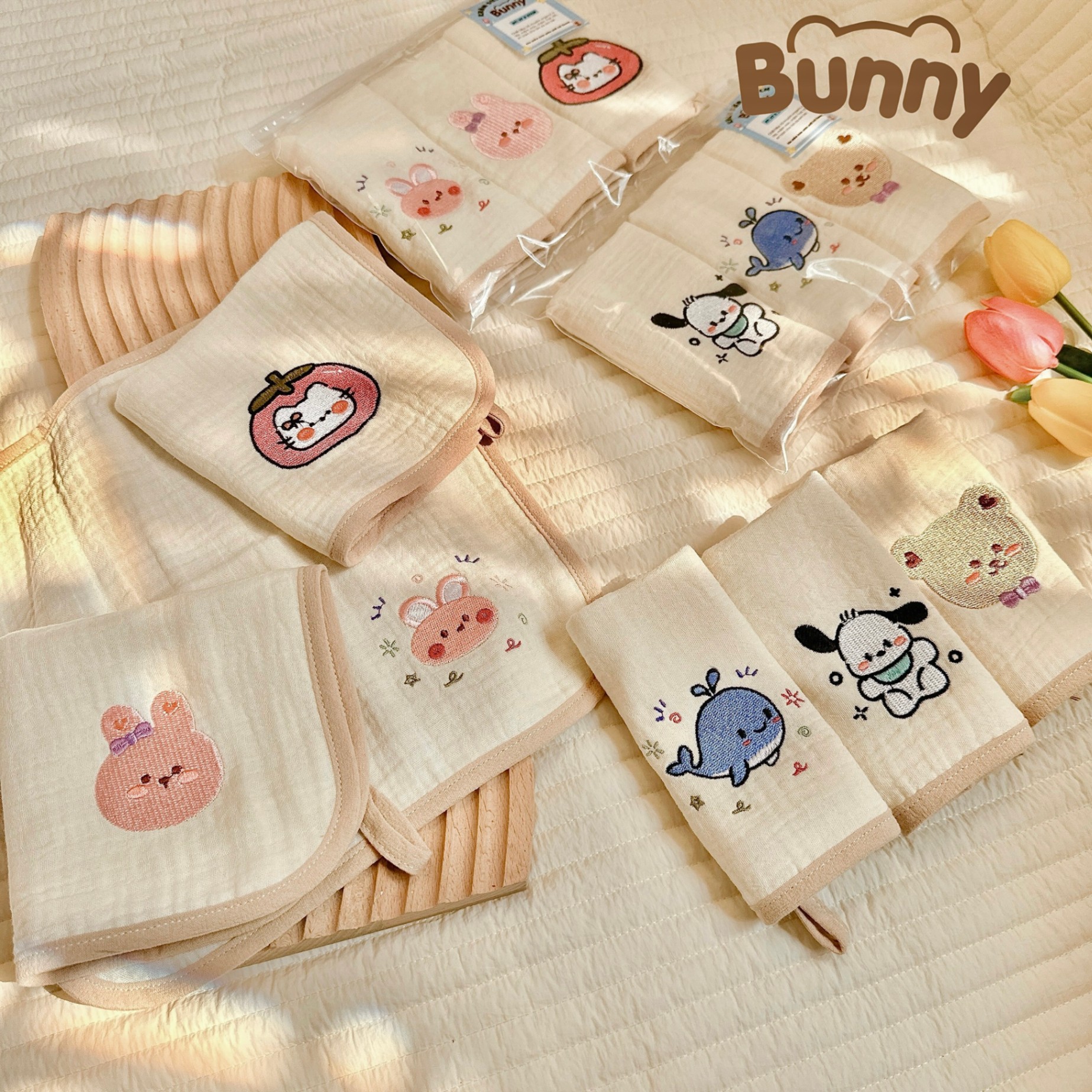 Set 3 khăn mặt cho bé Bunny vải xô Muslin Organic 4 lớp thêu hình siêu xinh cho bé trai bé gái phong cách Hàn siêu thấm, mềm mại kích thước 27x27cm