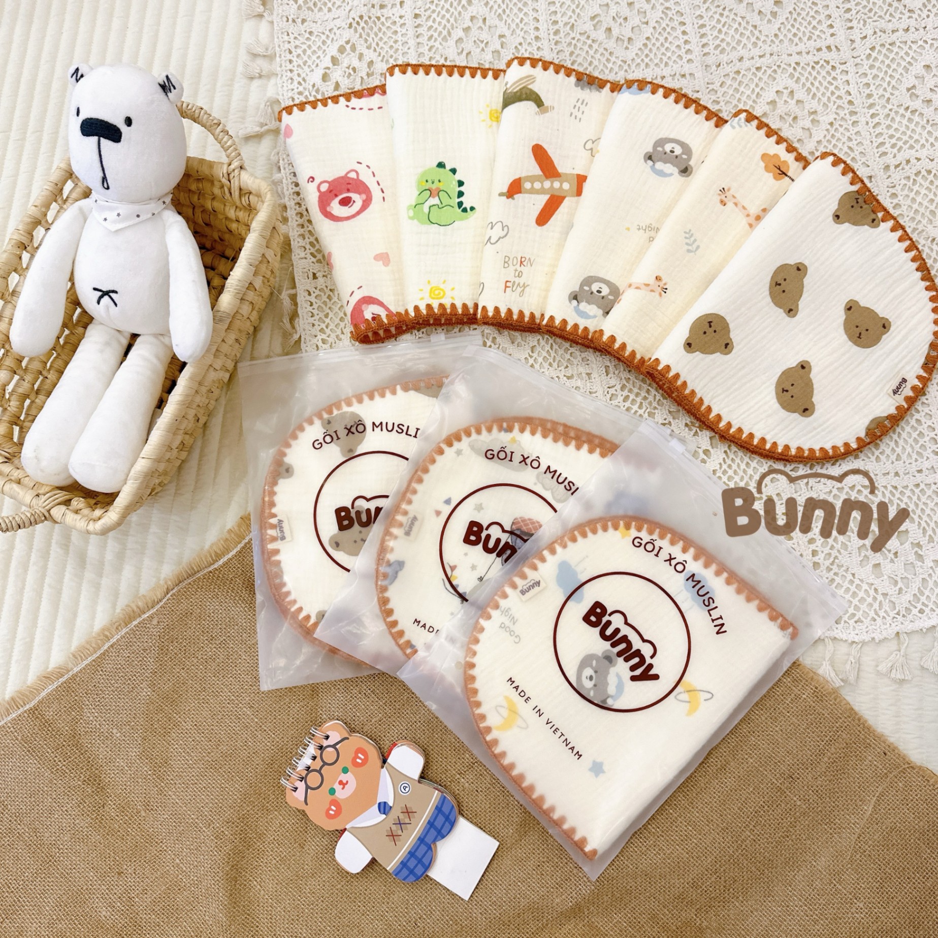 Gối xô lót đầu cho bé sơ sinh Bunny vải Muslin sợi tre 10 lớp mềm mại thấm hút mồ hôi kích thước 25x40cm