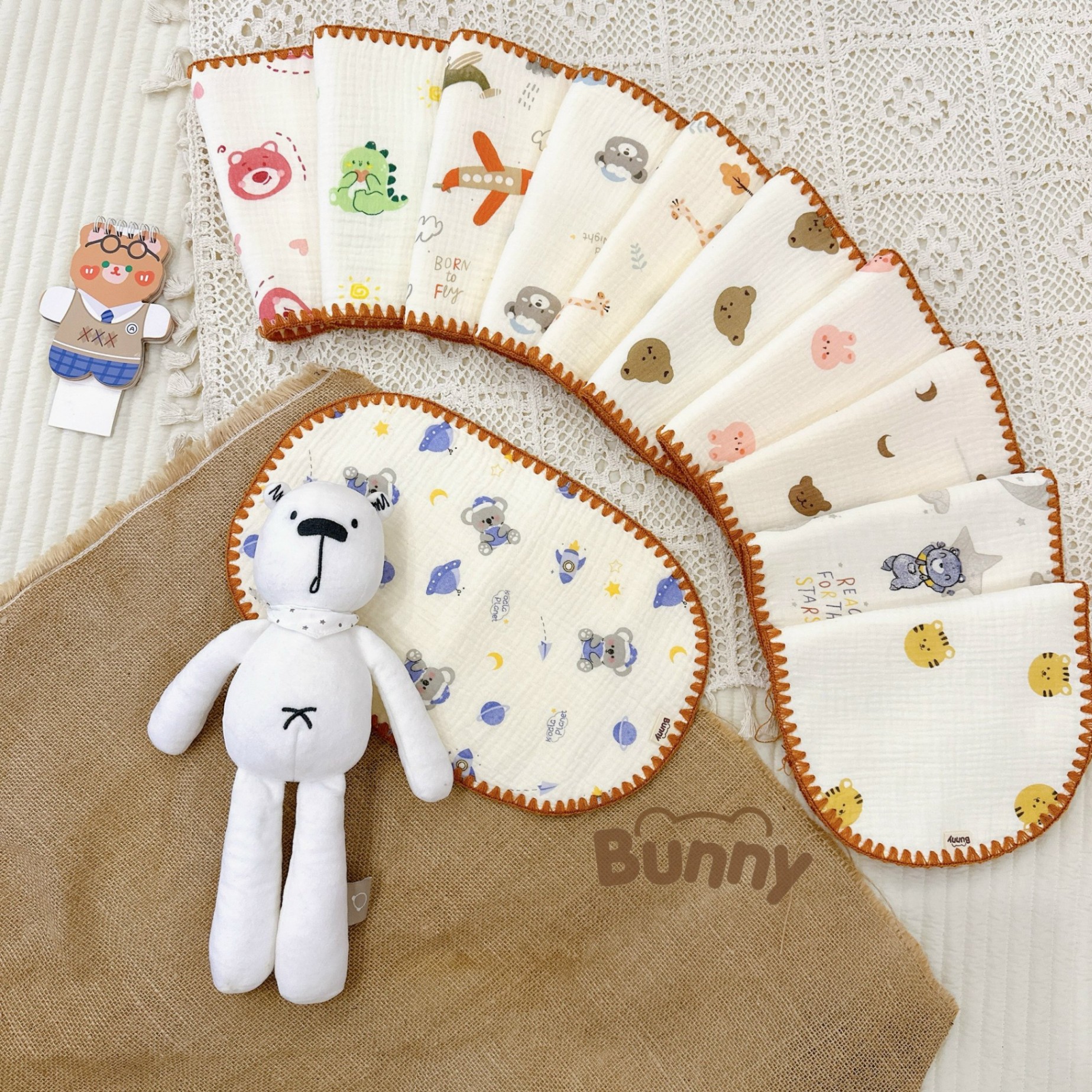 Gối xô lót đầu cho bé sơ sinh Bunny vải Muslin sợi tre 10 lớp mềm mại thấm hút mồ hôi kích thước 25x40cm