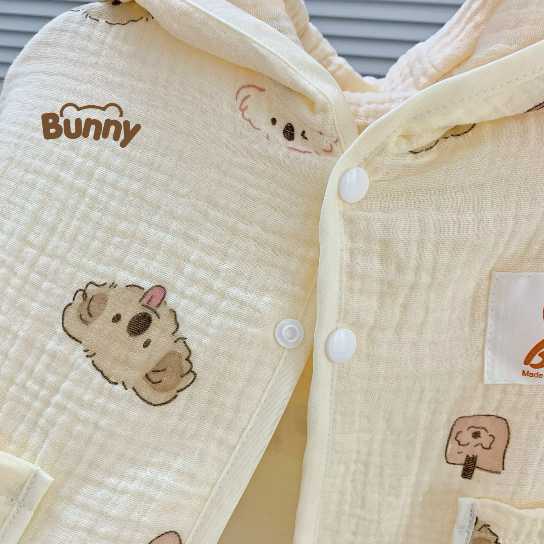 Áo choàng cho bé Bunny xô Muslin tai gấu chống nắng có mũ, tránh gió cho bé có lớp lót trong mặc được 2 mặt cho bé đến 3 tuổi