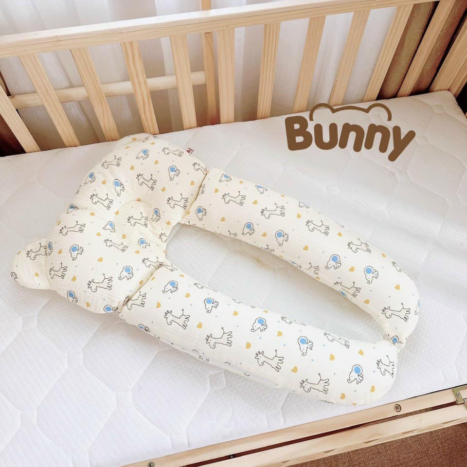 Gối chữ u cho bé vải xô Muslin Bunny đa năng làm gối đầu, gối chặn, gối ôm giúp bé ngủ ngon chống giật mình, chống bẹp đầu