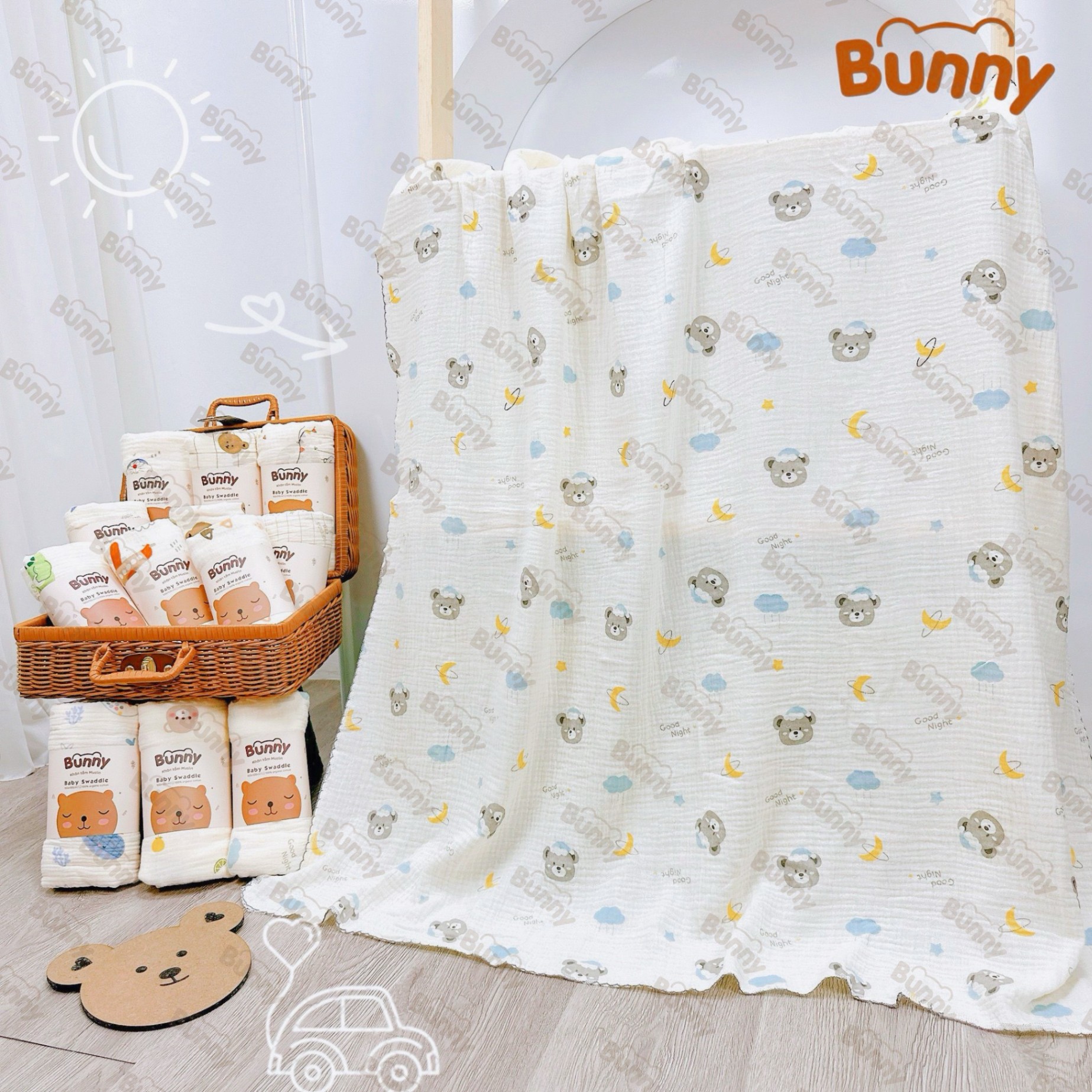 Khăn đa năng cho bé Bunny sợi tre vải xô Muslin 2 lớp làm khăn tắm, khăn quấn, chăn mỏng kích thước 1mx1m