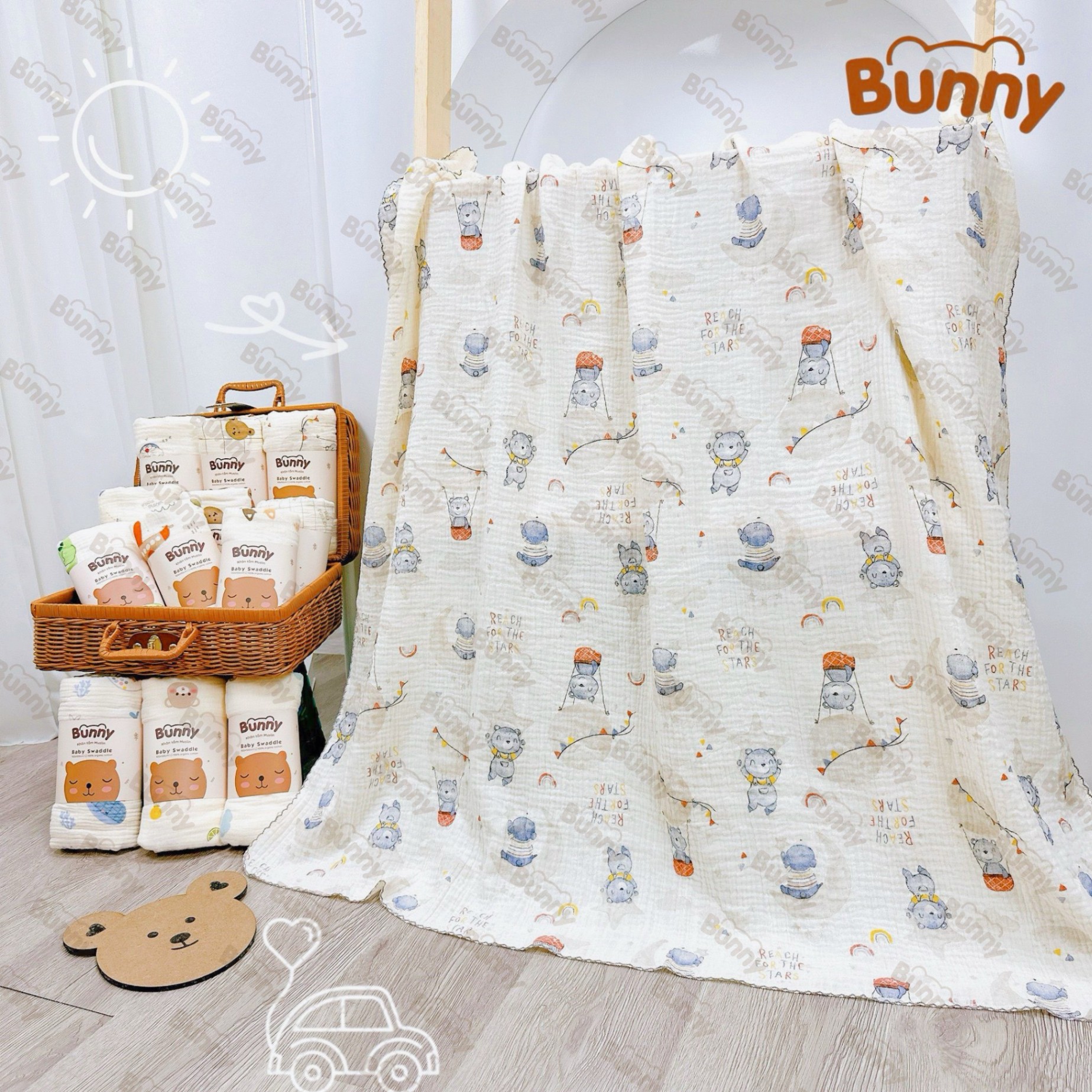 Khăn đa năng cho bé Bunny sợi tre vải xô Muslin 2 lớp làm khăn tắm, khăn quấn, chăn mỏng kích thước 1mx1m