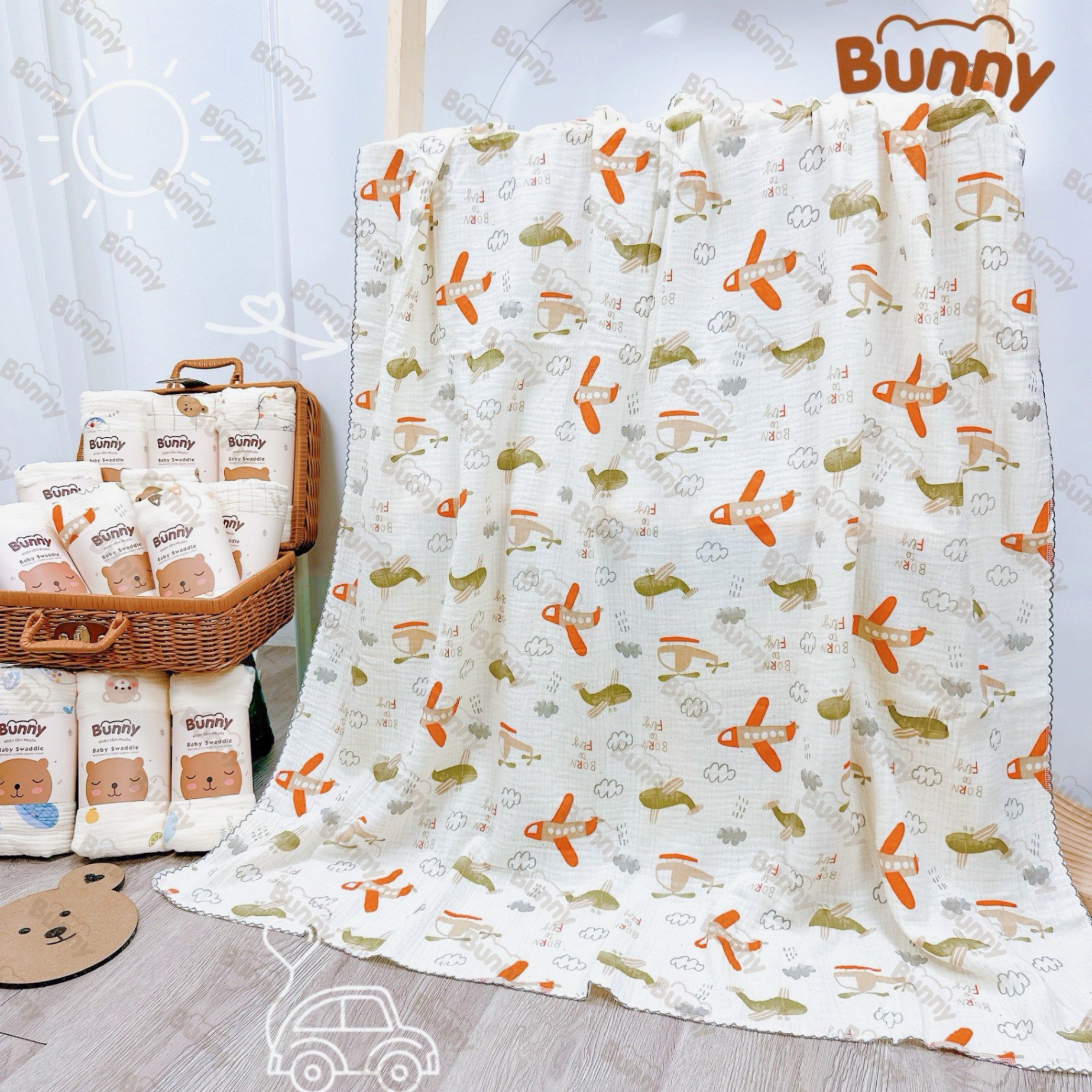 Khăn đa năng cho bé Bunny sợi tre vải xô Muslin 2 lớp làm khăn tắm, khăn quấn, chăn mỏng kích thước 1mx1m