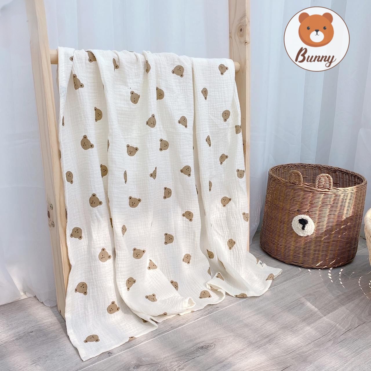 Khăn đa năng cho bé Bunny sợi tre vải xô Muslin 2 lớp làm khăn tắm, khăn quấn, chăn mỏng kích thước 1mx1m