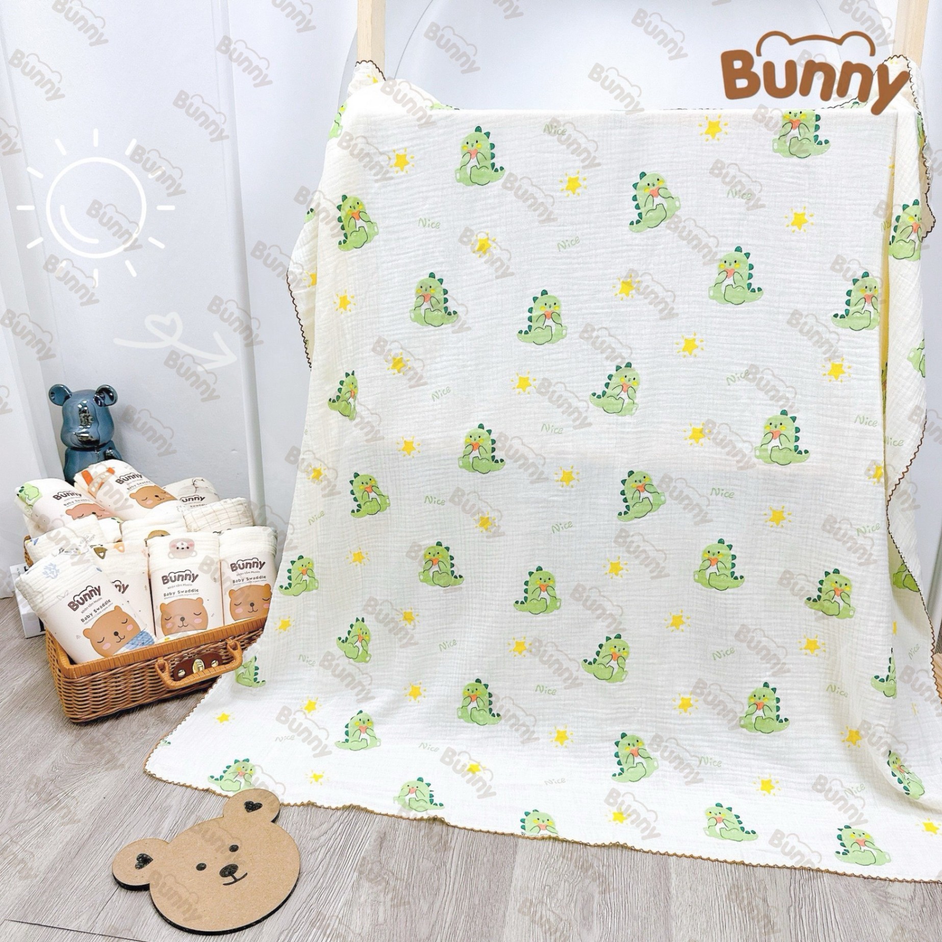 Khăn đa năng cho bé Bunny sợi tre vải xô Muslin 2 lớp làm khăn tắm, khăn quấn, chăn mỏng kích thước 1mx1m