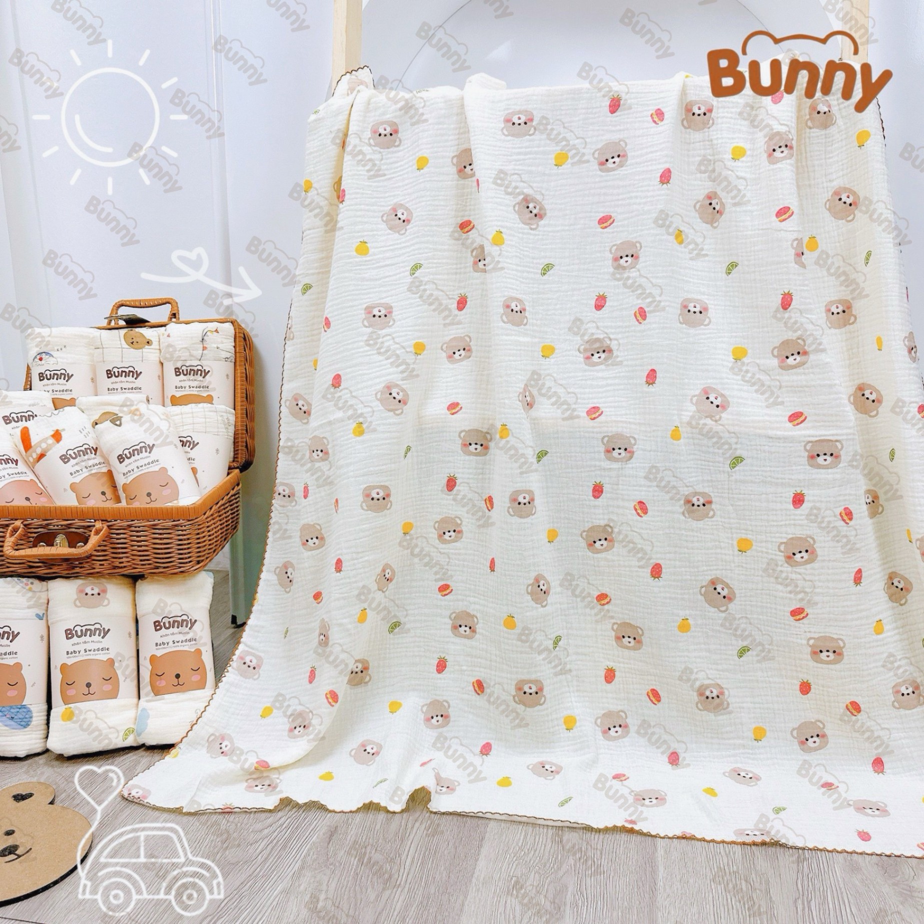 Khăn đa năng cho bé Bunny sợi tre vải xô Muslin 2 lớp làm khăn tắm, khăn quấn, chăn mỏng kích thước 1mx1m