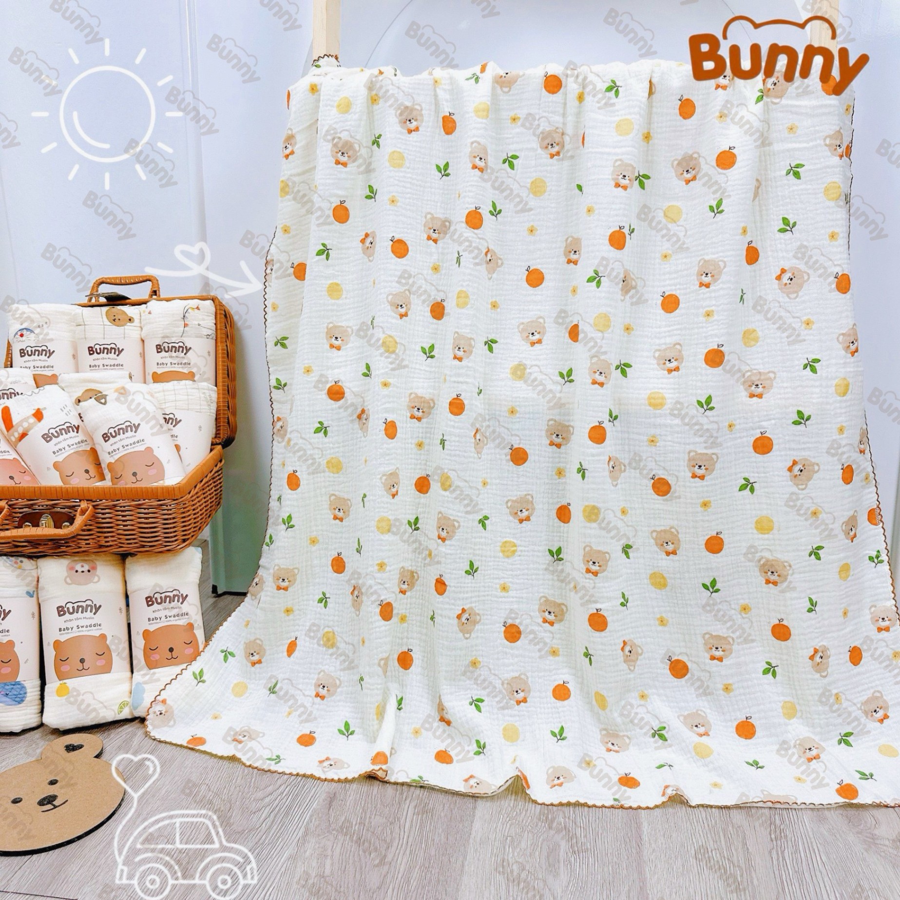 Khăn đa năng cho bé Bunny sợi tre vải xô Muslin 2 lớp làm khăn tắm, khăn quấn, chăn mỏng kích thước 1mx1m