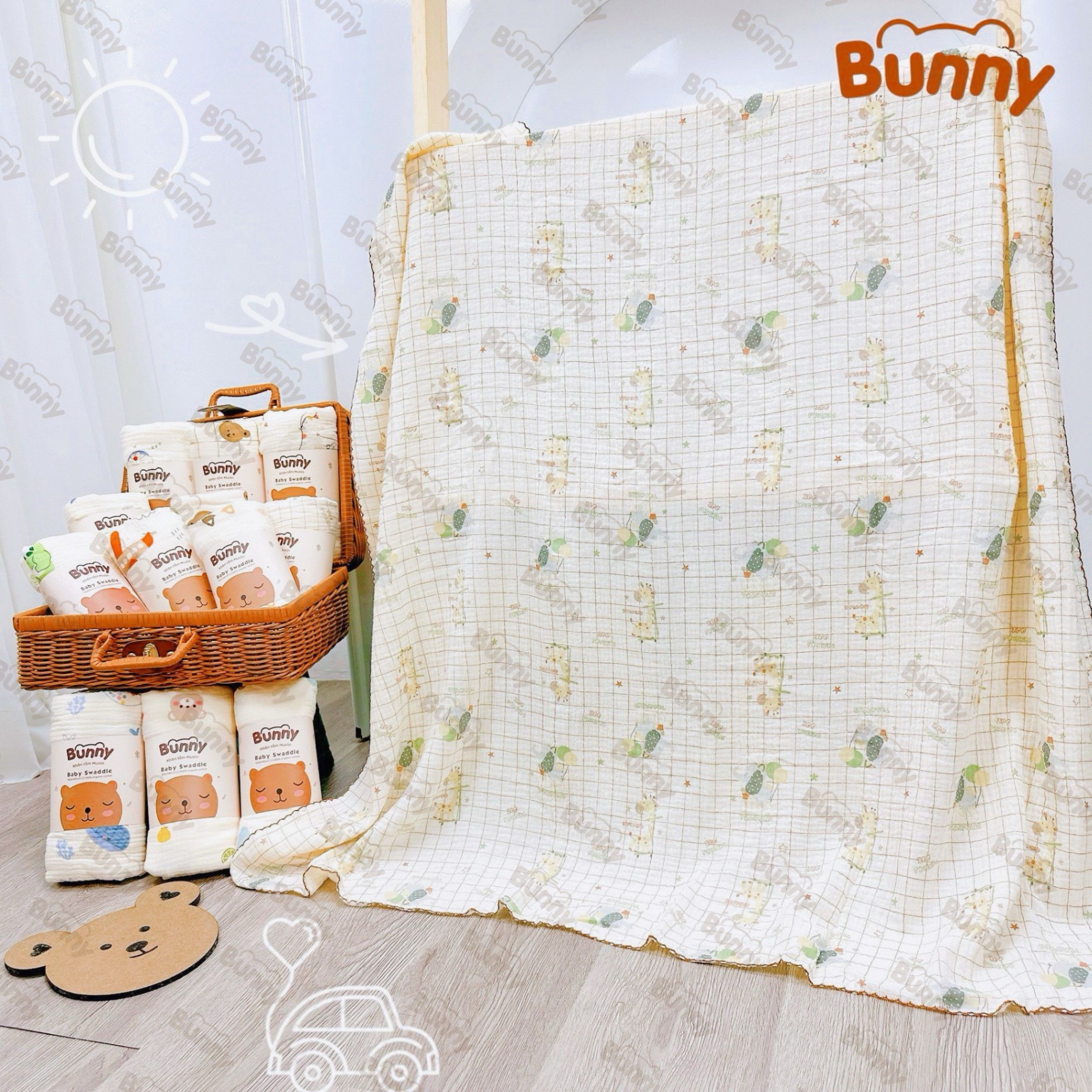 Khăn đa năng cho bé Bunny sợi tre vải xô Muslin 2 lớp làm khăn tắm, khăn quấn, chăn mỏng kích thước 1mx1m