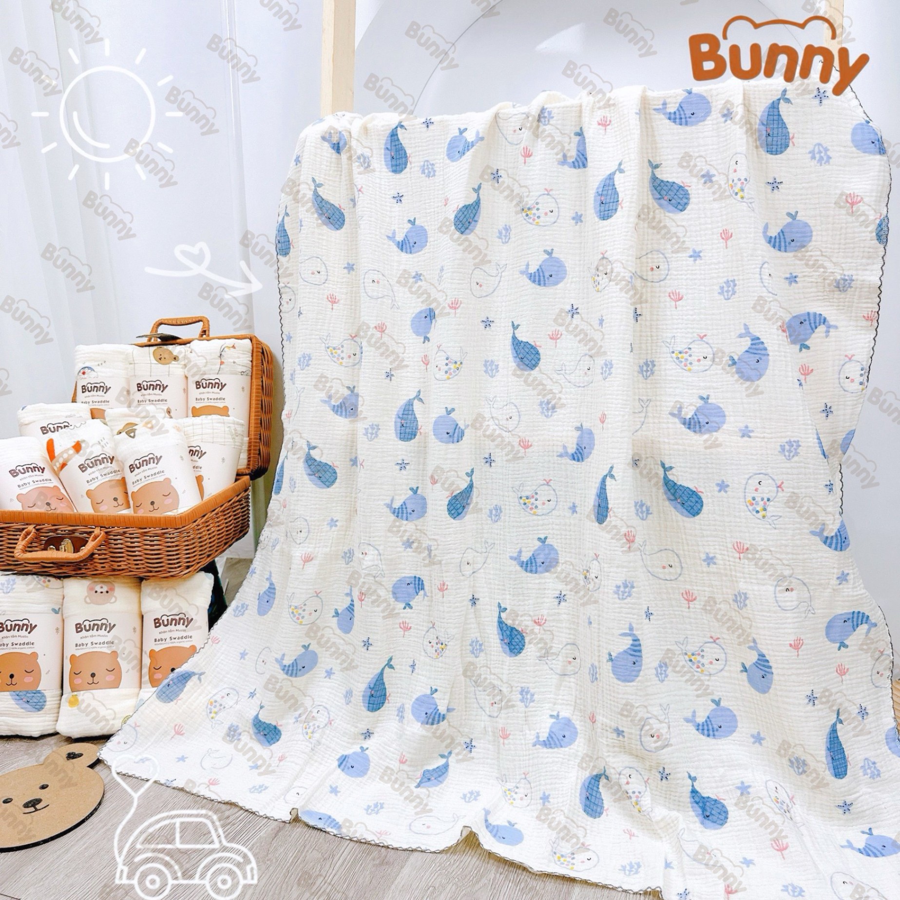 Khăn đa năng cho bé Bunny sợi tre vải xô Muslin 2 lớp làm khăn tắm, khăn quấn, chăn mỏng kích thước 1mx1m