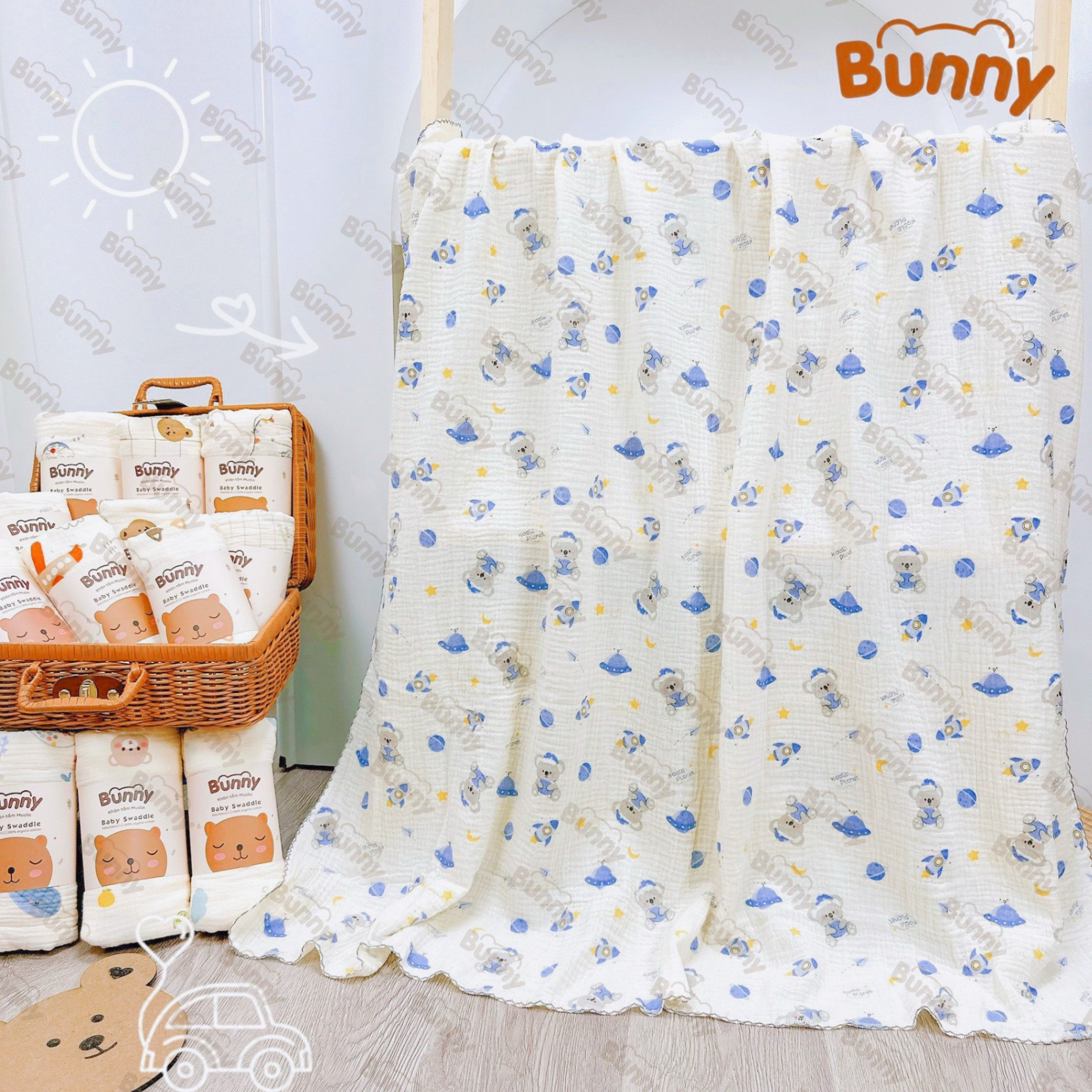 Khăn đa năng cho bé Bunny sợi tre vải xô Muslin 2 lớp làm khăn tắm, khăn quấn, chăn mỏng kích thước 1mx1m