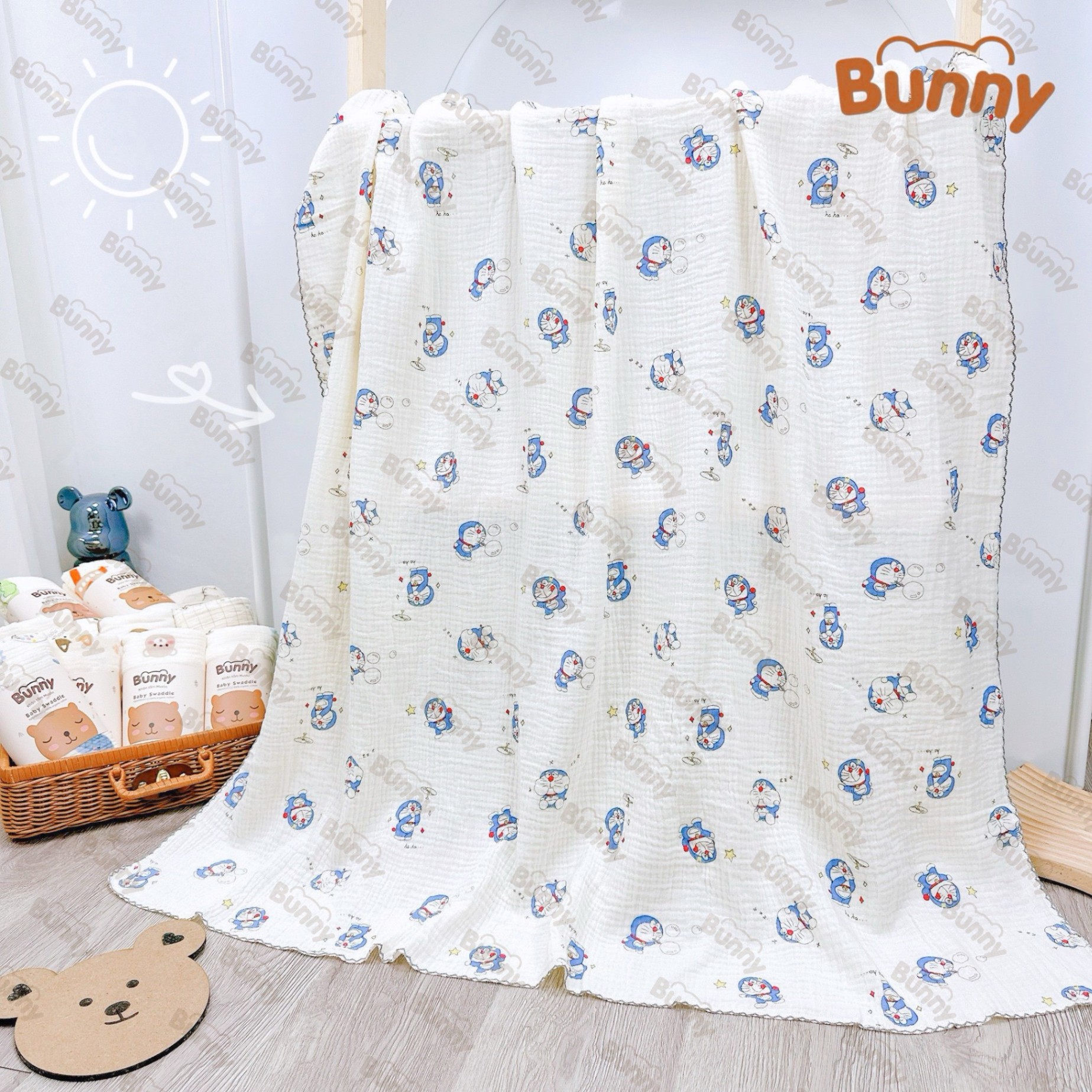 Khăn đa năng cho bé Bunny sợi tre vải xô Muslin 2 lớp làm khăn tắm, khăn quấn, chăn mỏng kích thước 1mx1m