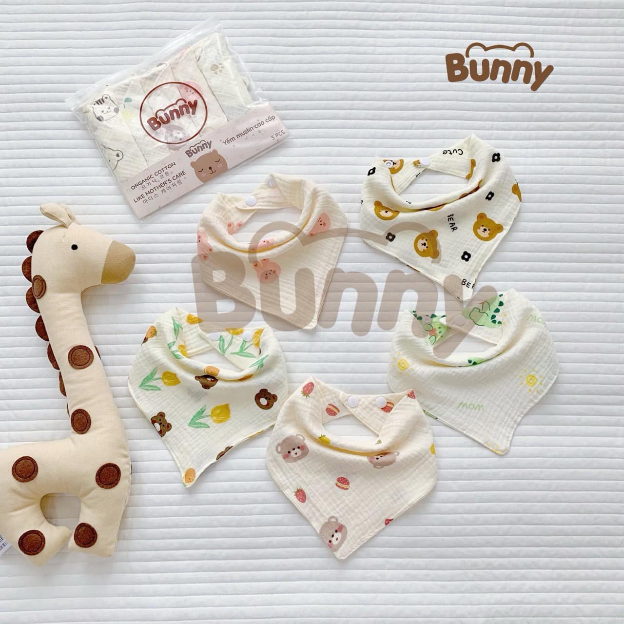 Set 5 yếm tam giác cho bé, khăn quàng cổ 100% Muslin mềm mại an toàn cho bé trai bé gái hoạ tiết xinh