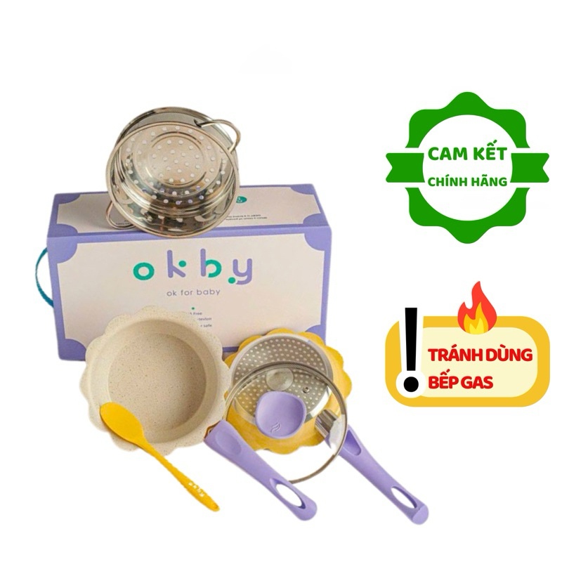 Bộ nồi chảo cho bé ăn dặm chống dính hình hoa OKBY cho bé size 16cm kèm xửng hấp sử dụng bếp từ