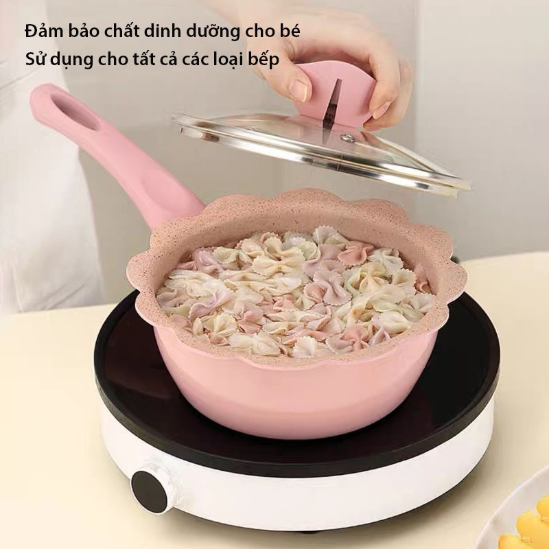 Bộ nồi chảo cho bé ăn dặm chống dính hình hoa OKBY cho bé size 16cm kèm xửng hấp sử dụng bếp từ