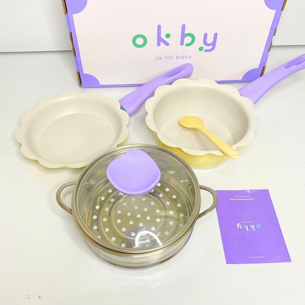 Bộ nồi chảo cho bé ăn dặm chống dính hình hoa OKBY cho bé size 16cm kèm xửng hấp sử dụng bếp từ