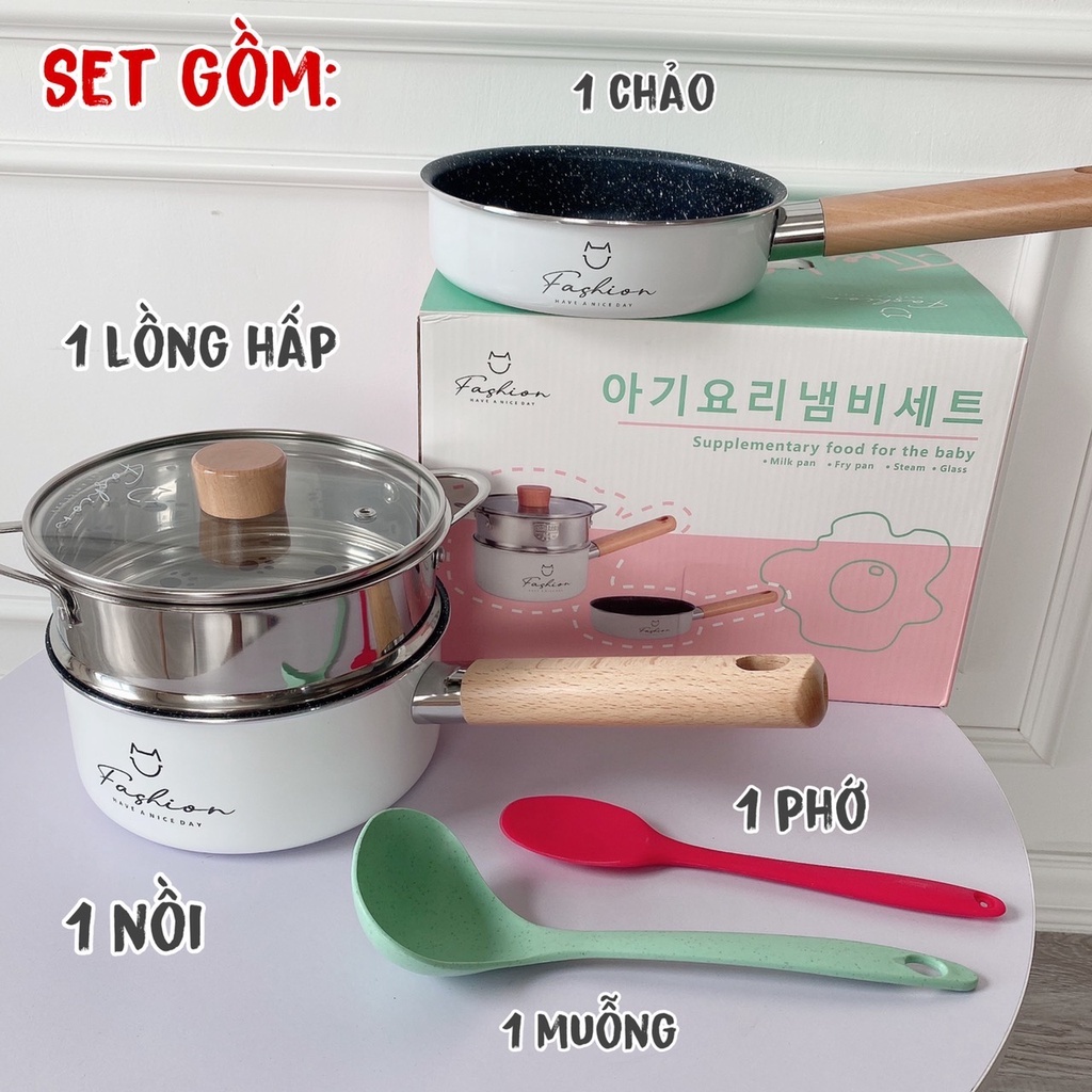 Bộ nồi chảo đá ăn dặm cho bé Fashion nồi chảo đá quánh cháo chống dính 16cm cho bé ăn dặm tặng kèm thìa muỗng