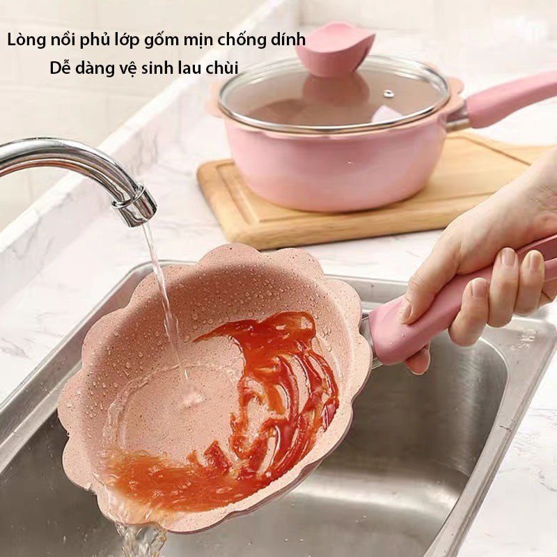 Bộ nồi chảo cho bé ăn dặm chống dính hình hoa OKBY cho bé size 16cm kèm xửng hấp sử dụng bếp từ