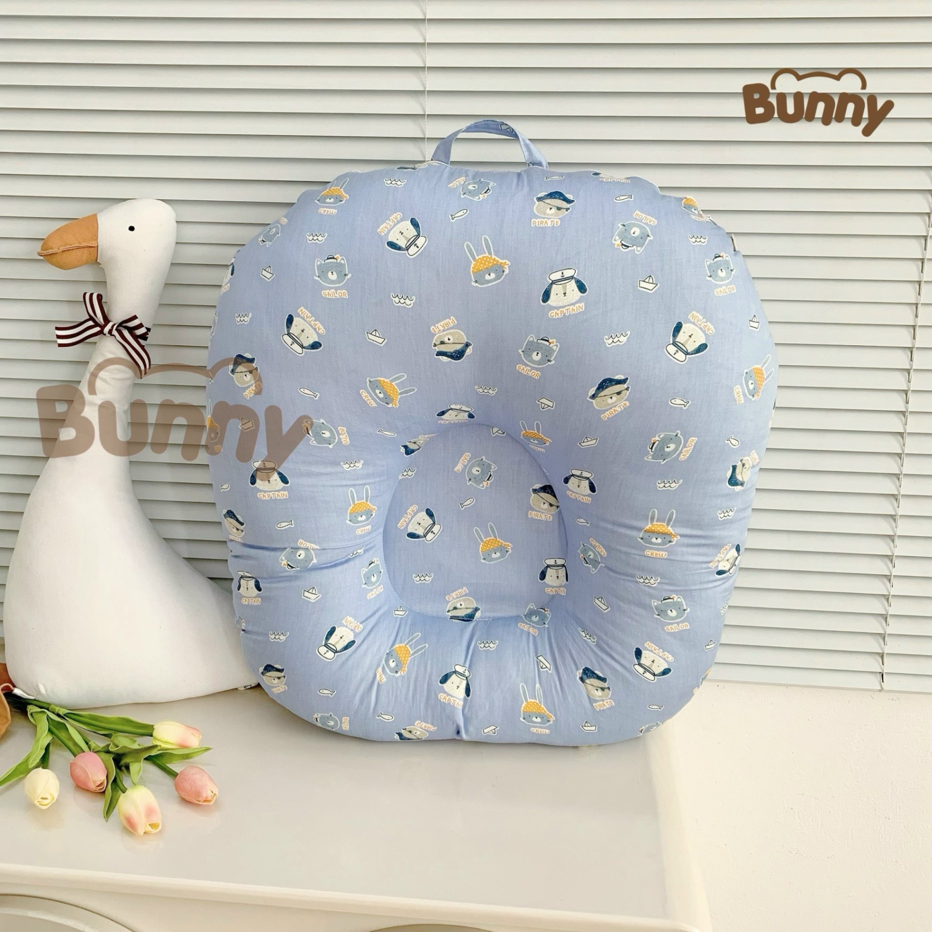 Gối chống trào ngược cho bé Bunny cao cấp vải Cotton Hàn chống nôn trớ an toàn cho bé kích thước 70x70x20cm