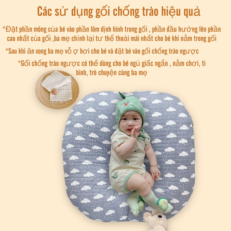 Gối chống trào ngược cho bé Bunny cao cấp vải Cotton Hàn chống nôn trớ an toàn cho bé kích thước 70x70x20cm