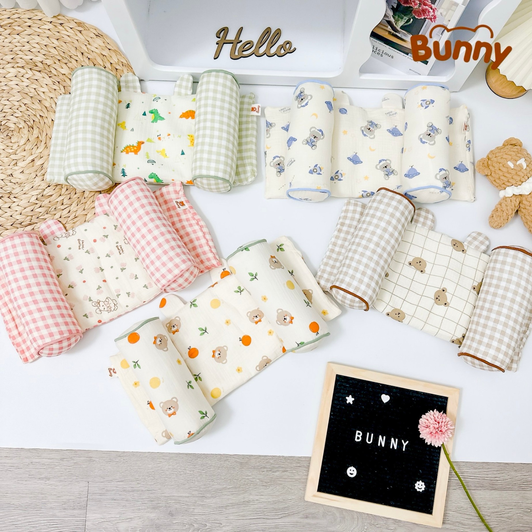 Gối định hình đầu cho bé Bunny vải xô Muslin cao cấp, gối chống méo đầu, gối chặn đa năng cho trẻ sơ sinh