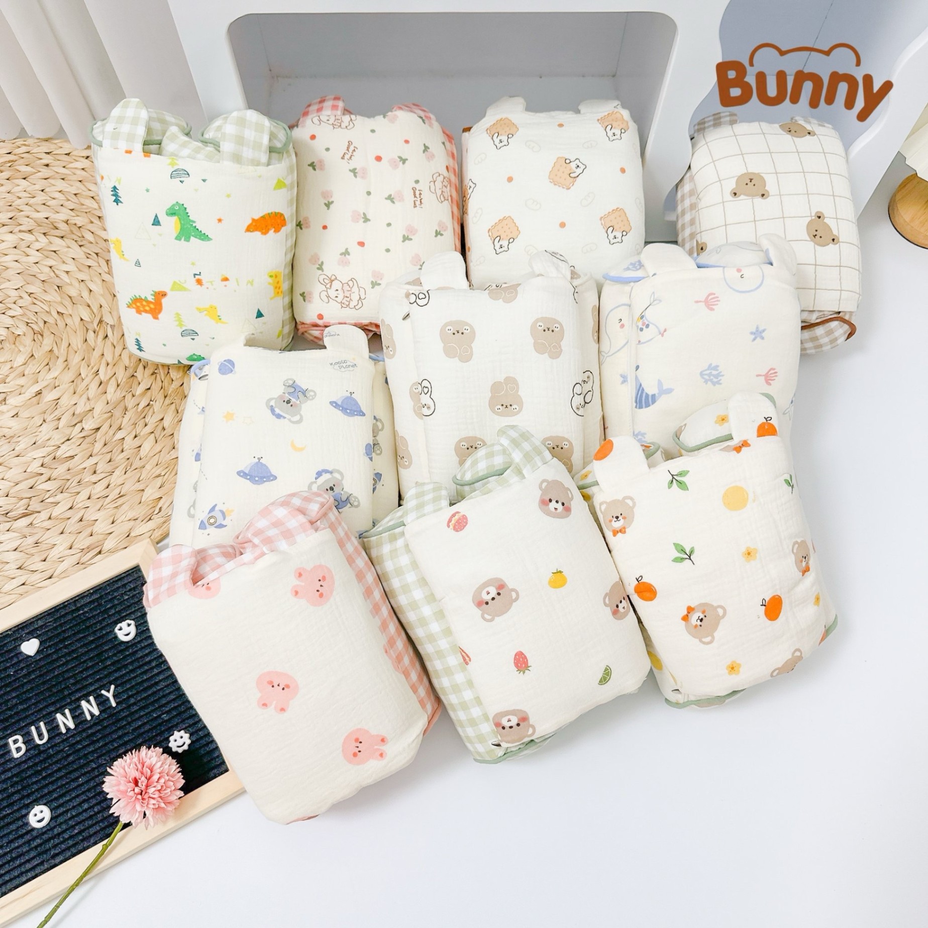 Gối định hình đầu cho bé Bunny vải xô Muslin cao cấp, gối chống méo đầu, gối chặn đa năng cho trẻ sơ sinh