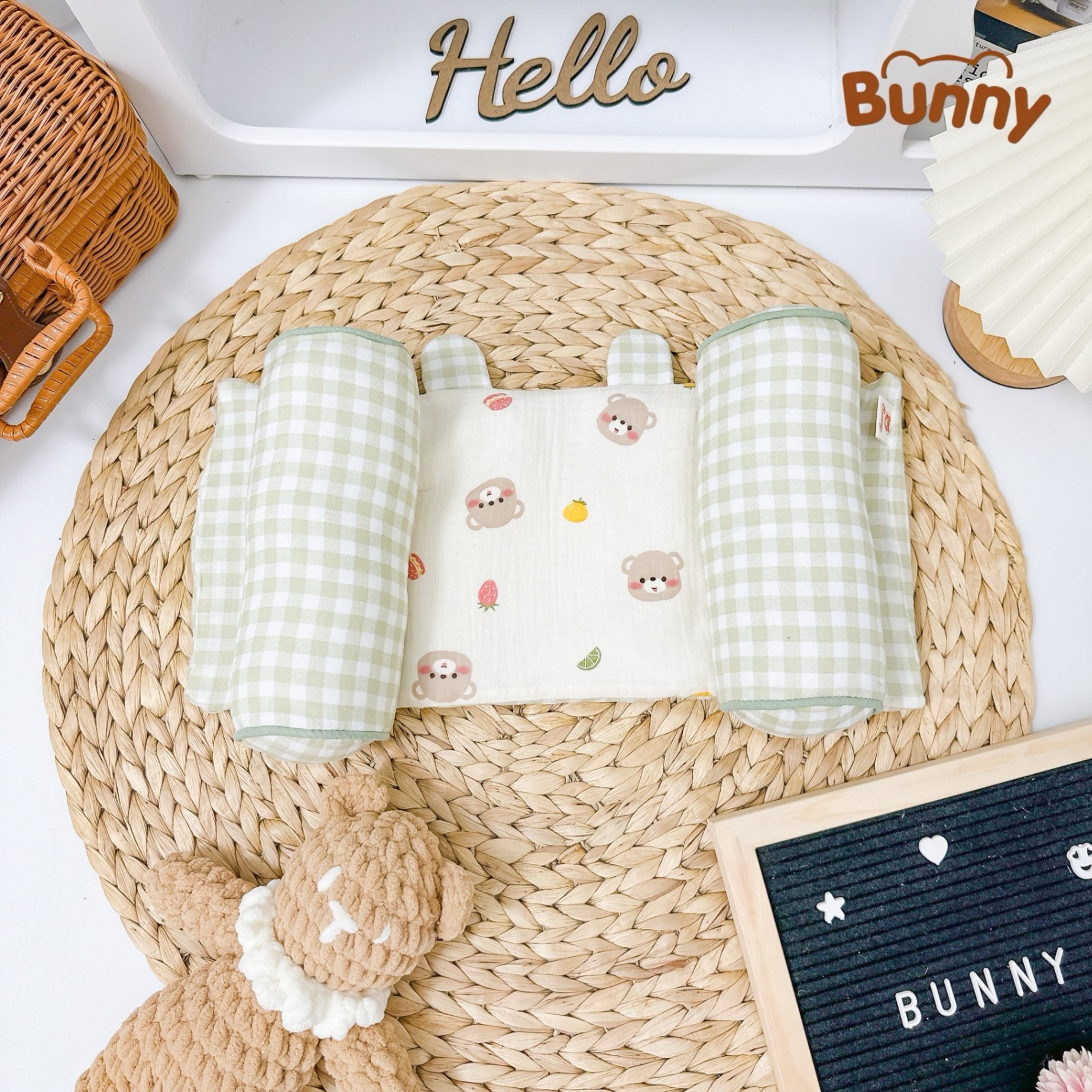 Gối định hình đầu cho bé Bunny vải xô Muslin cao cấp, gối chống méo đầu, gối chặn đa năng cho trẻ sơ sinh